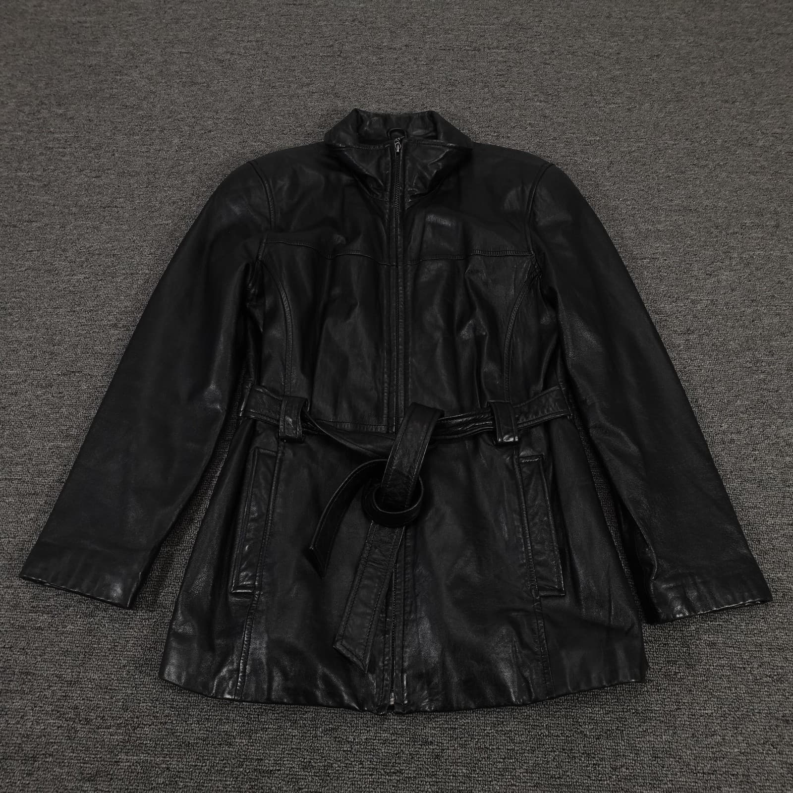 Vintage Jacqueline Ferrar Jacket Medium Black Lambskin Leather Belted Grunge 90s