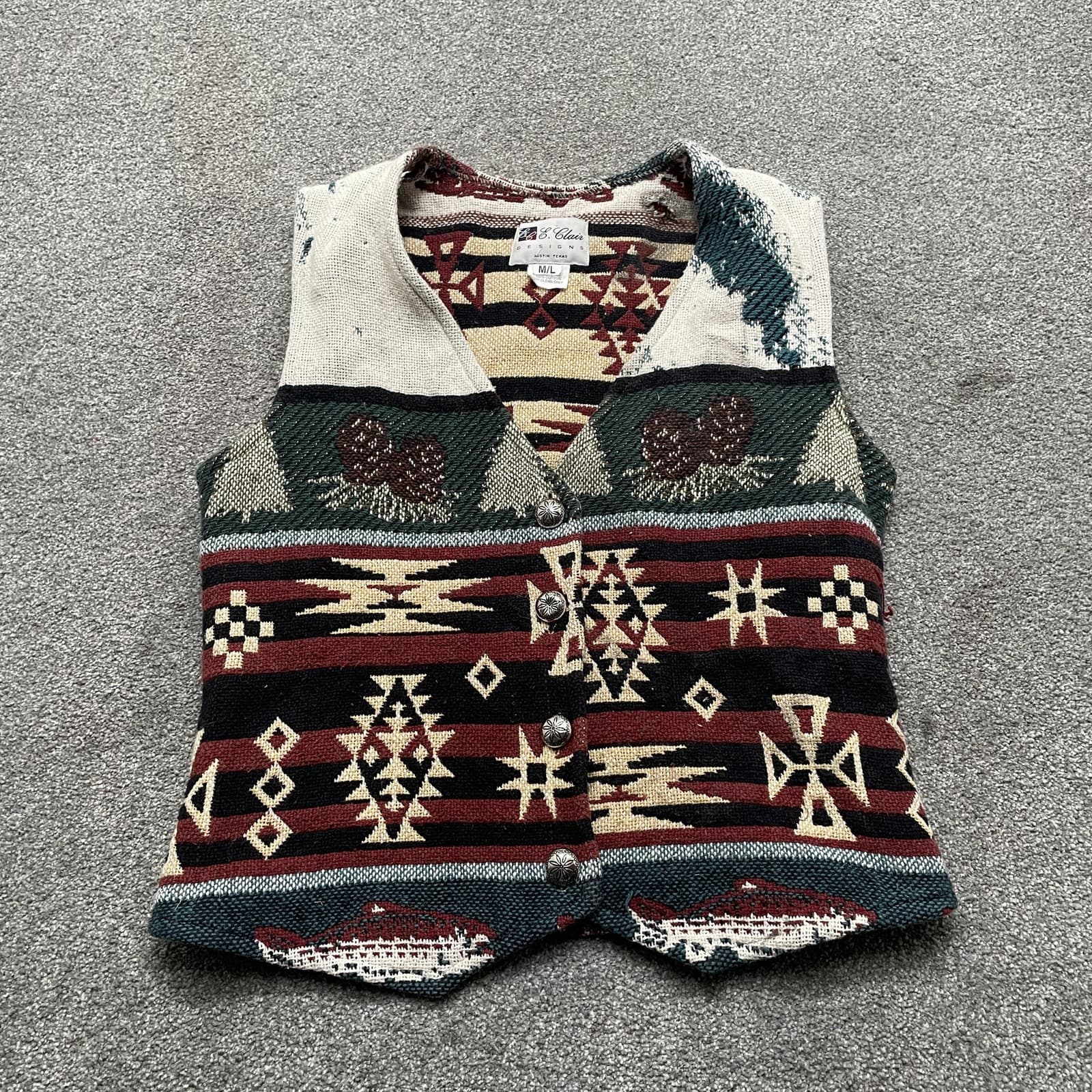 VINTAGE E. Clair Designs Vest Medium Southwestern Aztec Tapestry Concho 90s