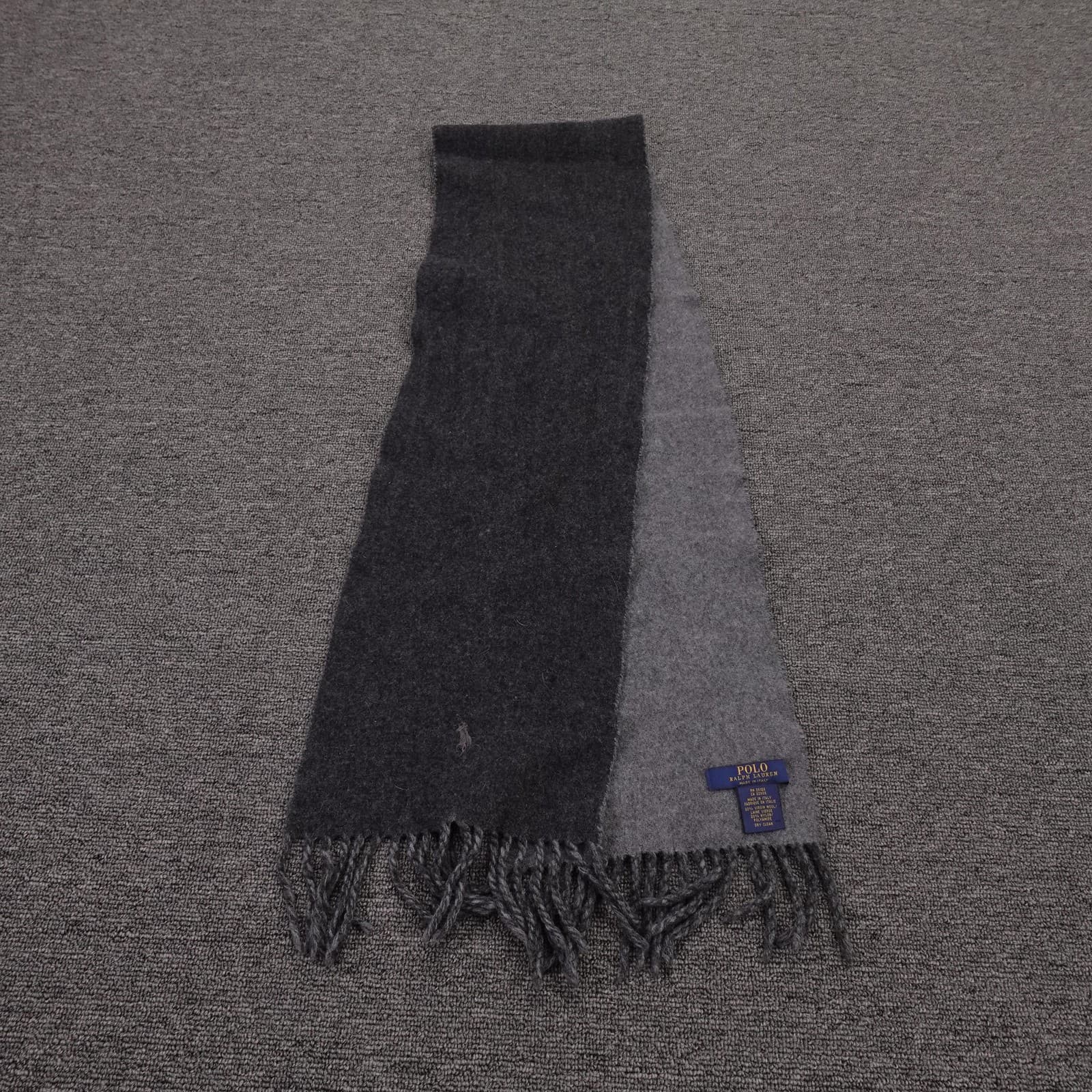 Polo Ralph Lauren Scarf Mens One Size Gray Wool Blend Fringe Made Italy Winter