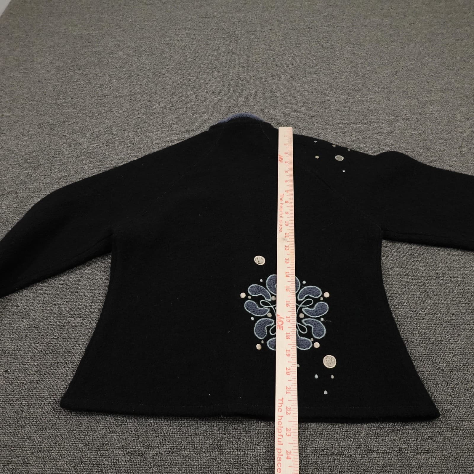 CoVelo Sweater Cardigan Womens Small Black Blue Embroidered Button Front Wool - Thumbnail 8