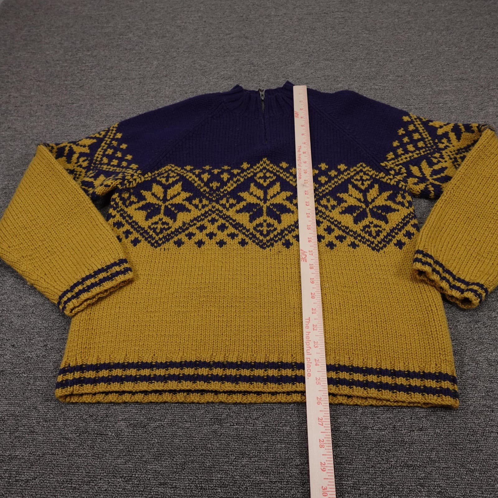 Vintage J Crew Sweater Mens Large Gold Navy Fair Isle Wool 1/4 Zip Mock Neck - Thumbnail 8