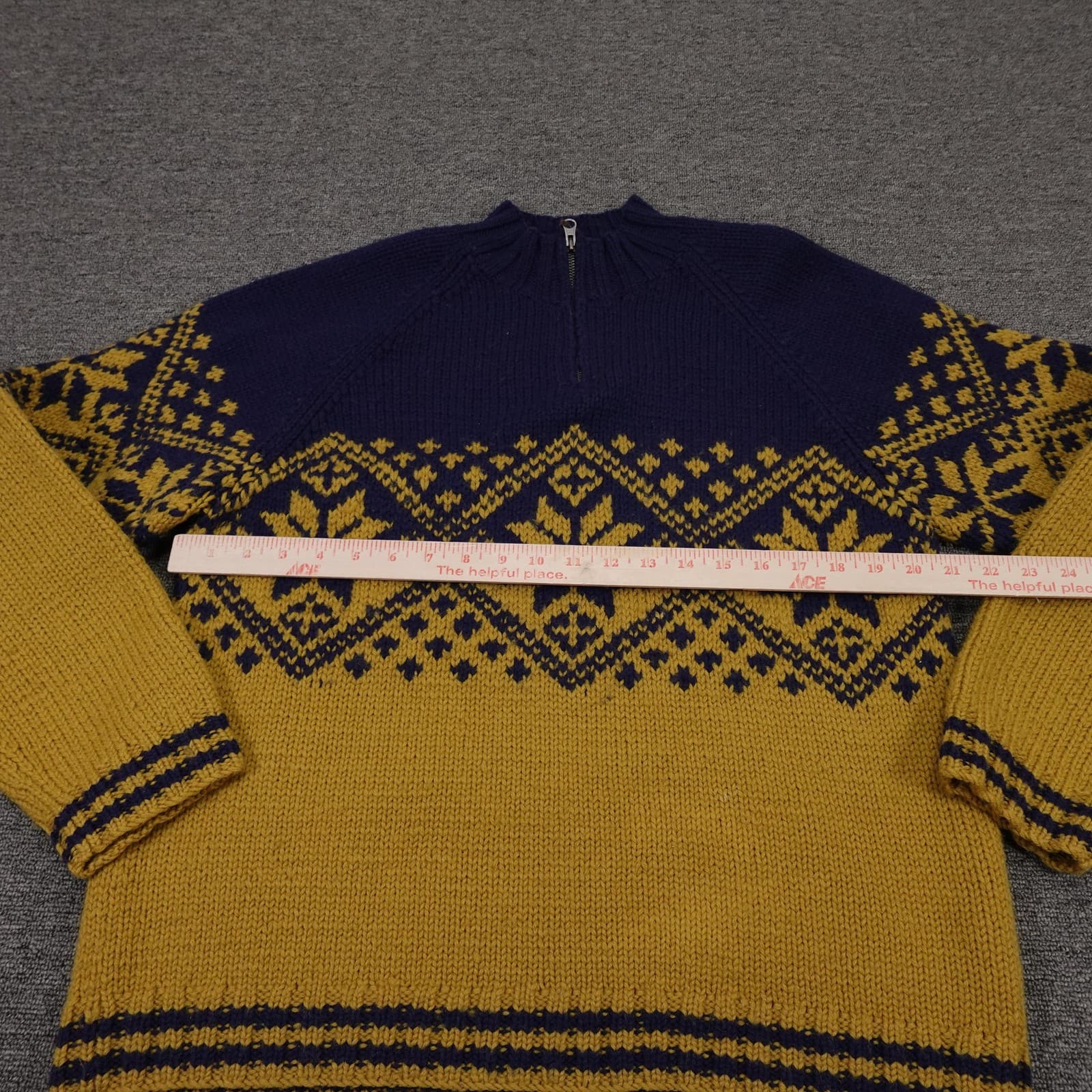 Vintage J Crew Sweater Mens Large Gold Navy Fair Isle Wool 1/4 Zip Mock Neck - Thumbnail 7