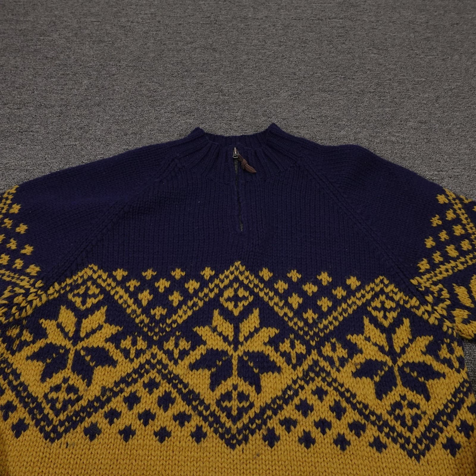 Vintage J Crew Sweater Mens Large Gold Navy Fair Isle Wool 1/4 Zip Mock Neck - Thumbnail 2