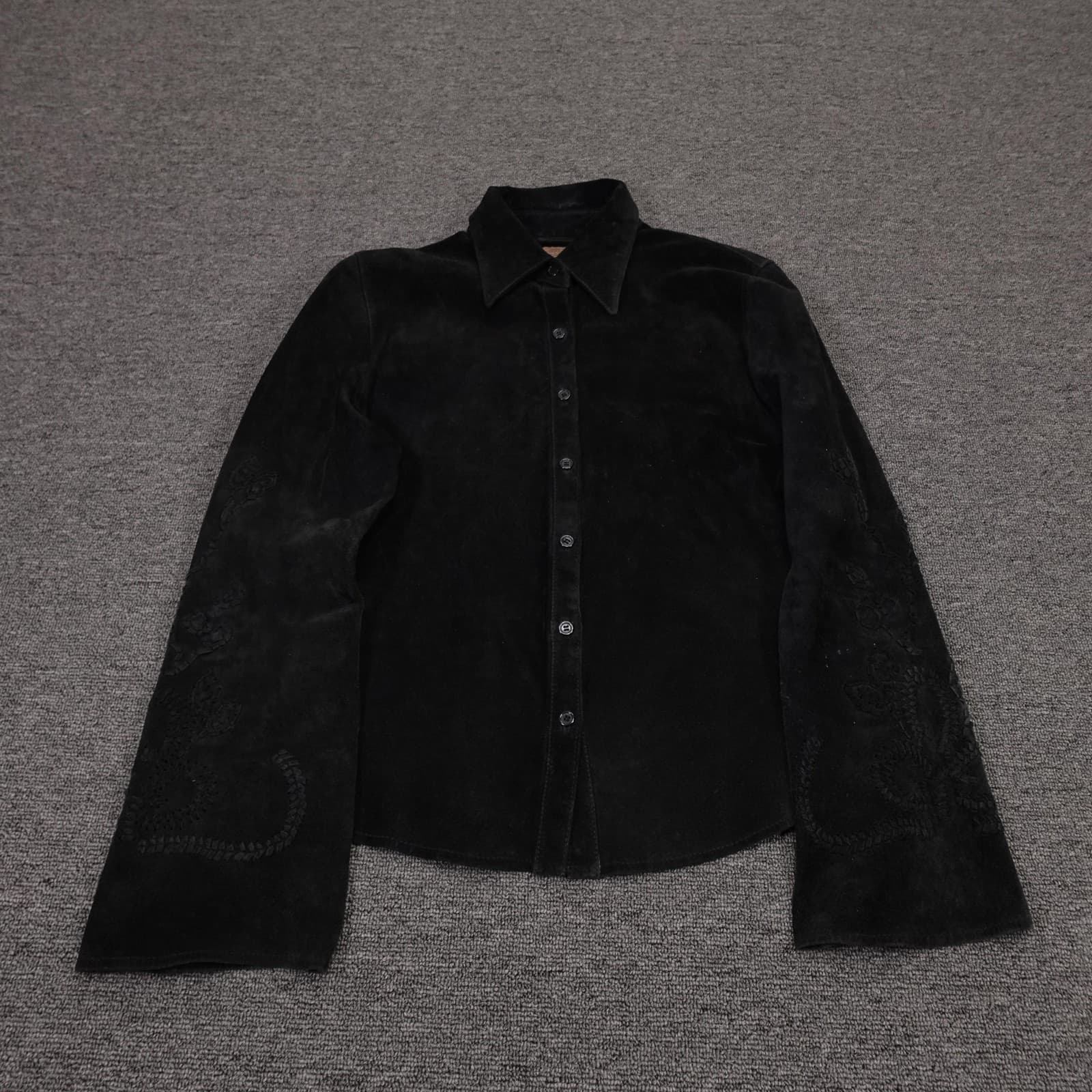 Skotts Suede Shirt Jacket Womens Medium Black Embroidered Suede Button Front