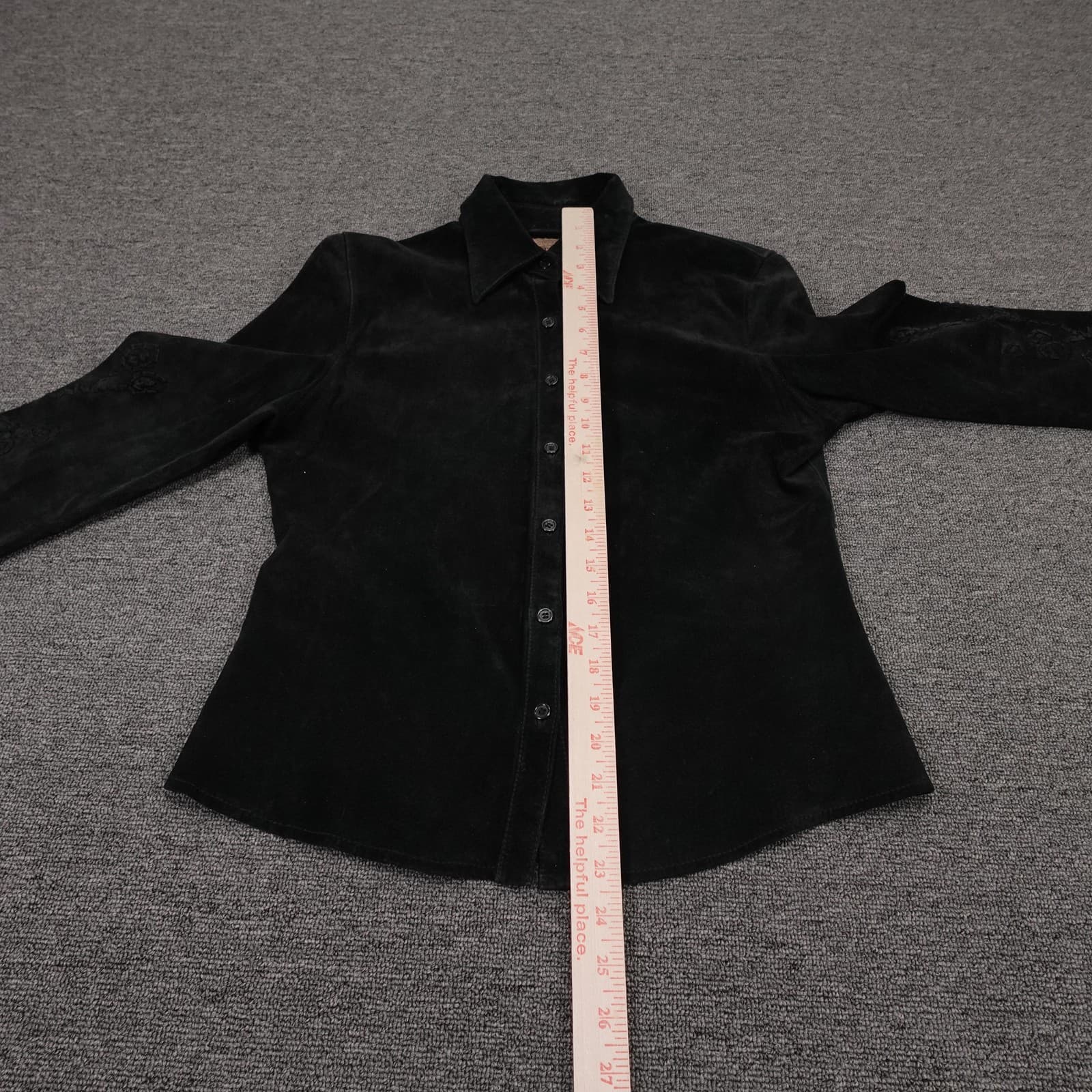 Skotts Suede Shirt Jacket Womens Medium Black Embroidered Suede Button Front - Thumbnail 6