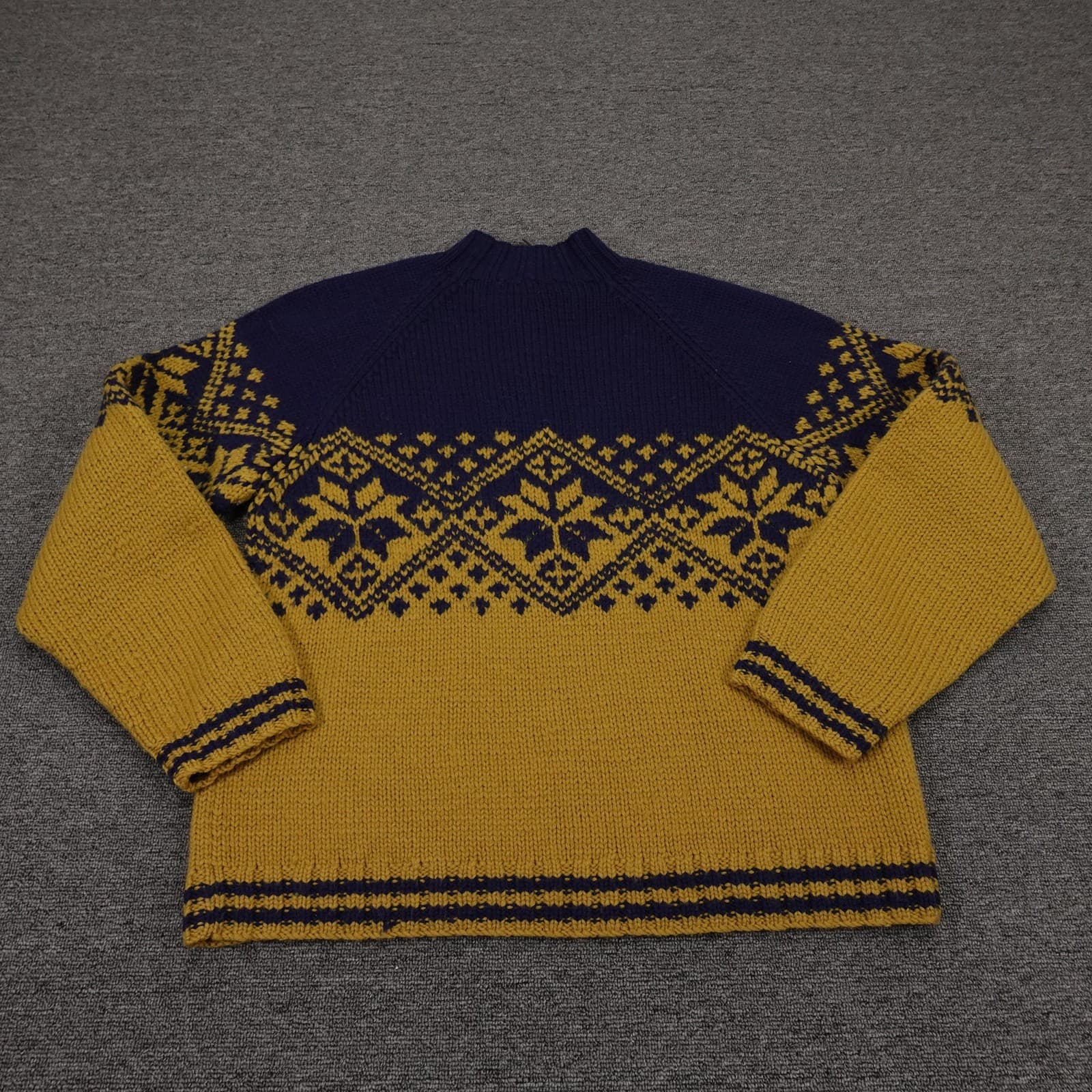 Vintage J Crew Sweater Mens Large Gold Navy Fair Isle Wool 1/4 Zip Mock Neck - Thumbnail 9