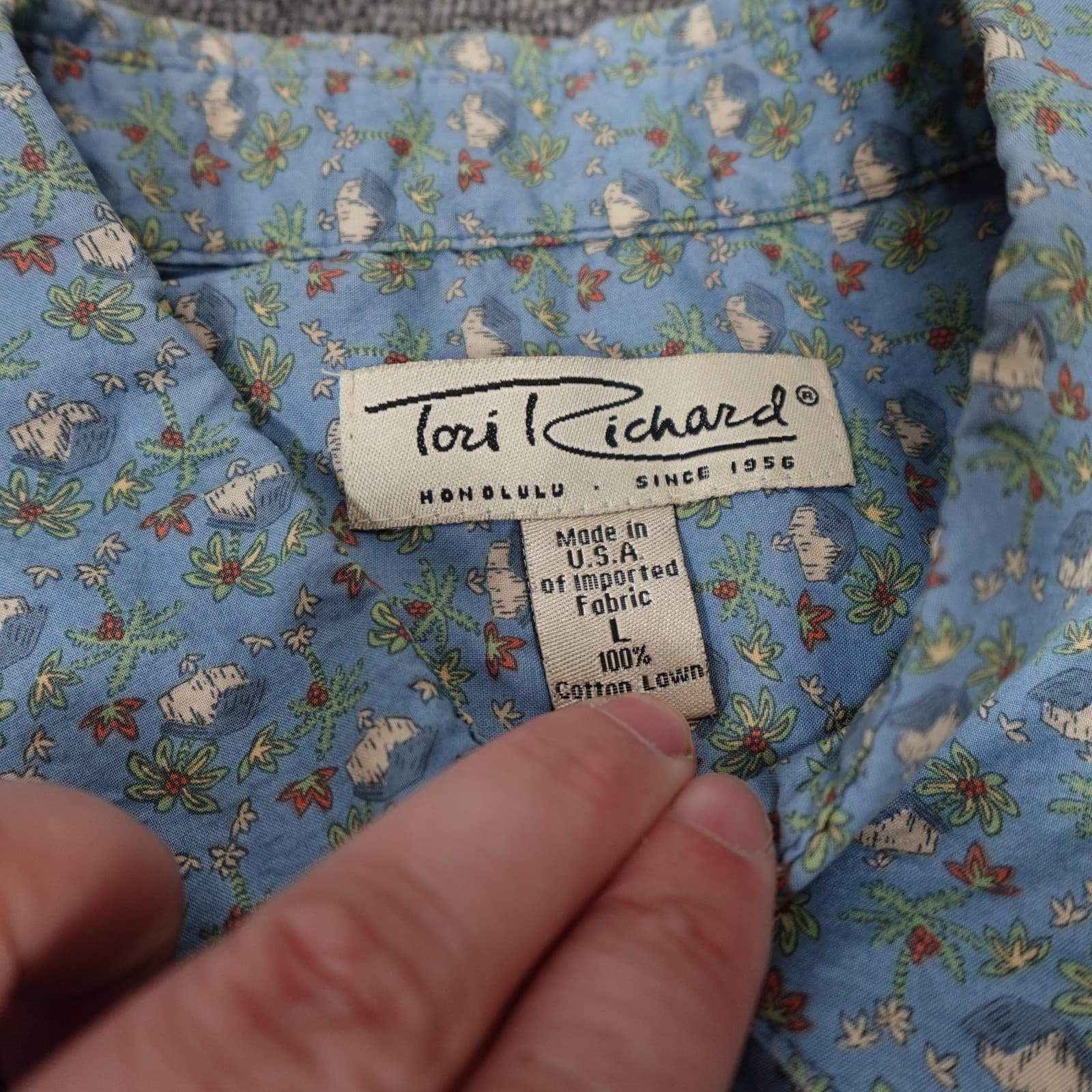 Vintage Tori Richard Shirt Mens Large Blue Hawaiian Short Sleeve Button Up USA - Thumbnail 2
