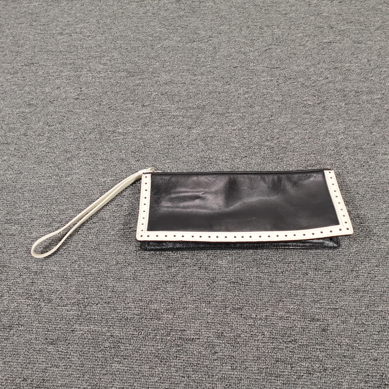 Ann Taylor Clutch Womens Small Black Leather Wristlet White Trim Zip Bag