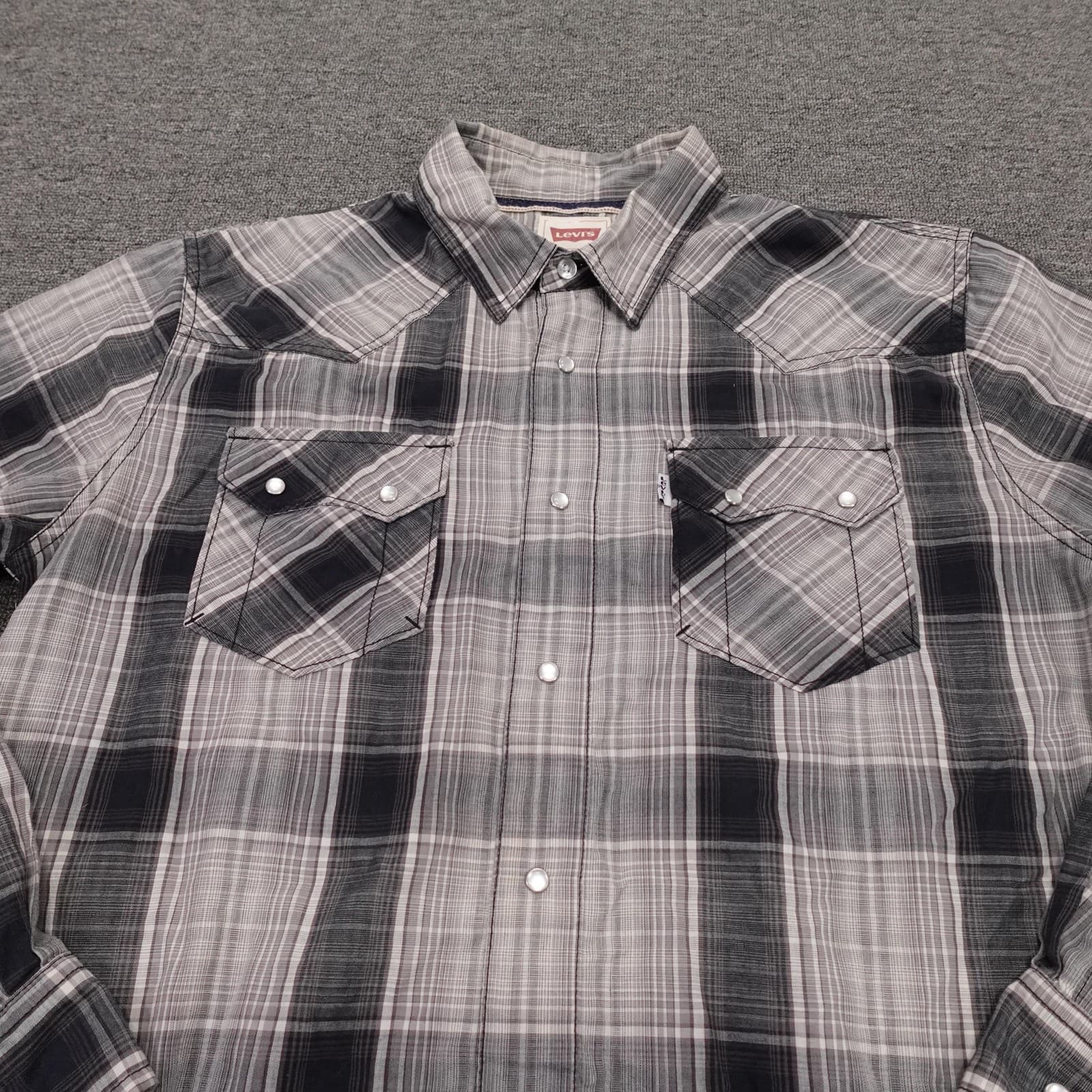 Levis Shirt Mens Medium Gray Plaid Long Sleeve Western Snap Cowboy Casual Woven - Thumbnail 2