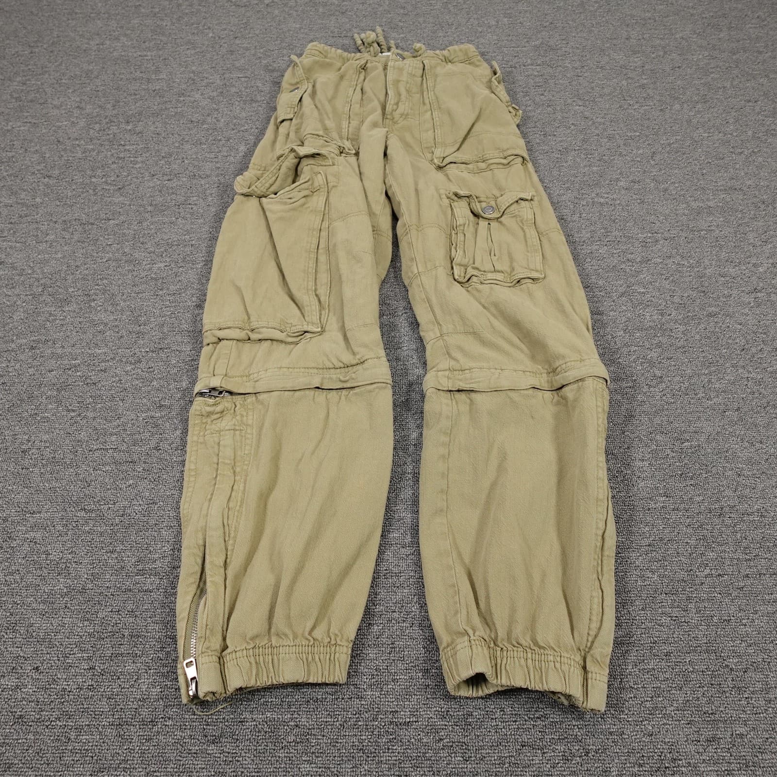 Zara Cargo Pants Womens 0 Green High Rise Convertible Jogger Zip Hem Twill