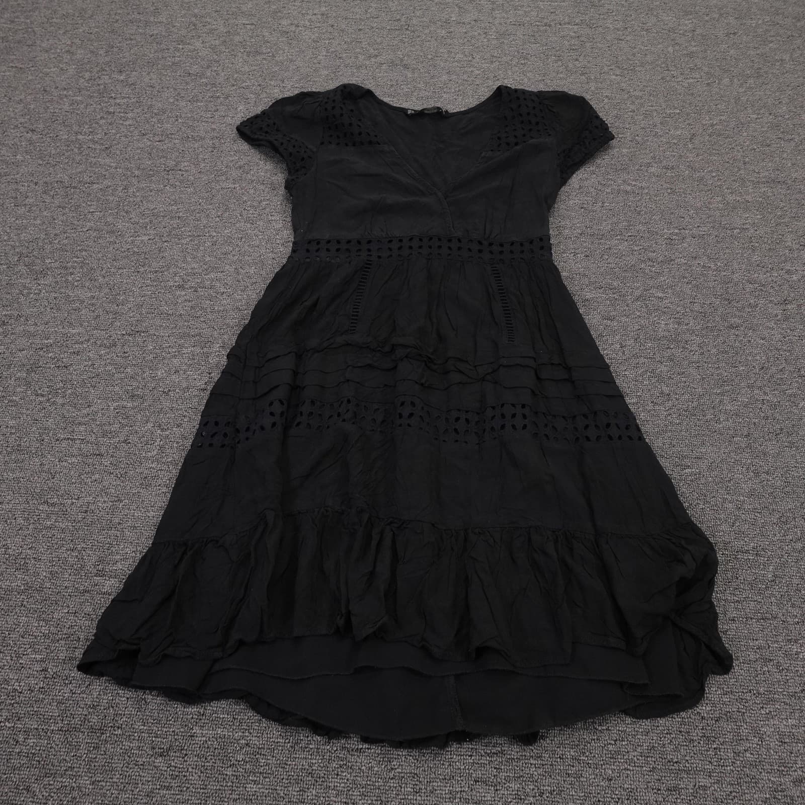 Zara Basic Dress Womens XS Black Short Sleeve Eyelet Ruffle Boho Lined Casual