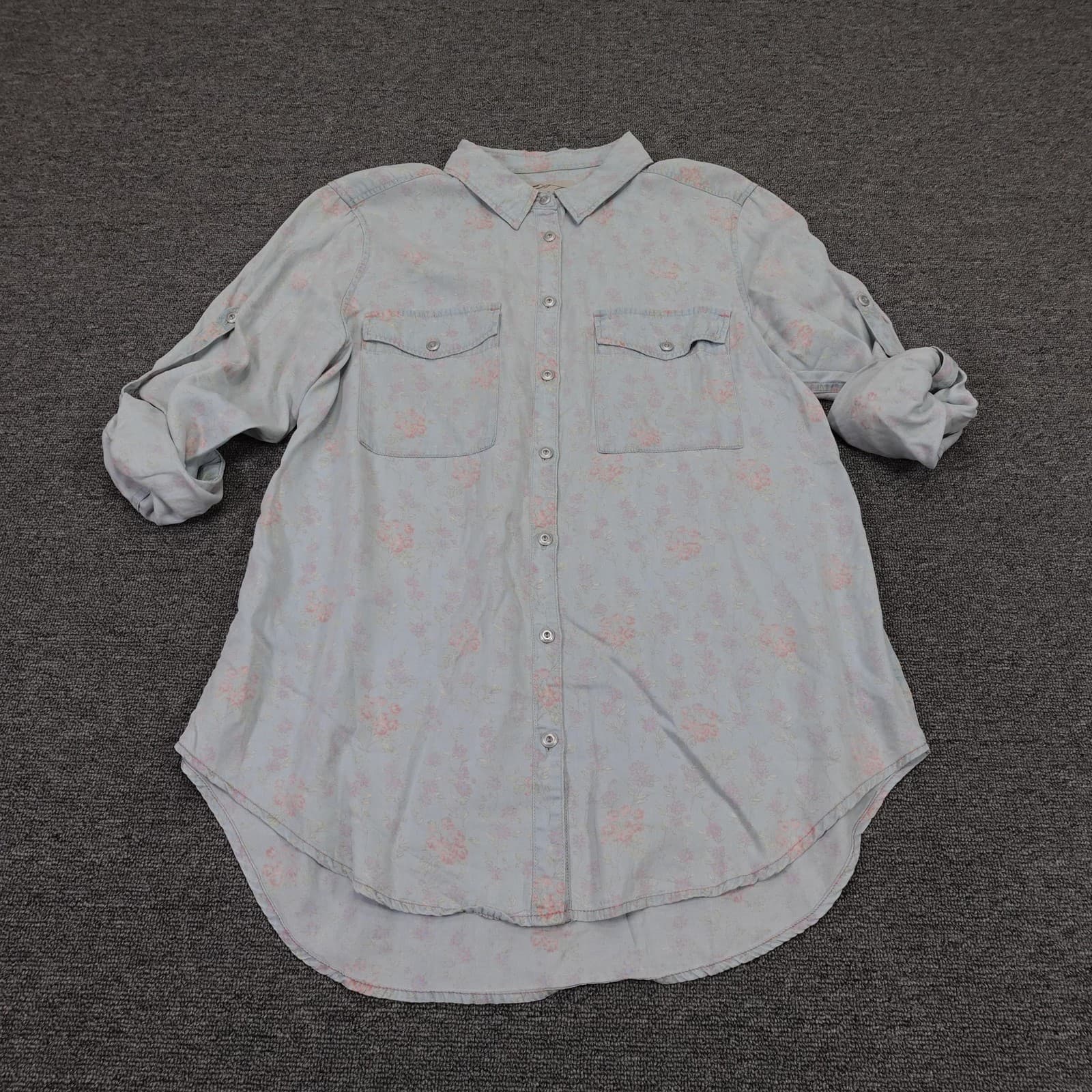Overland Shirt Womens Small Blue Floral Button Up Long Sleeve Tencel Tunic Top