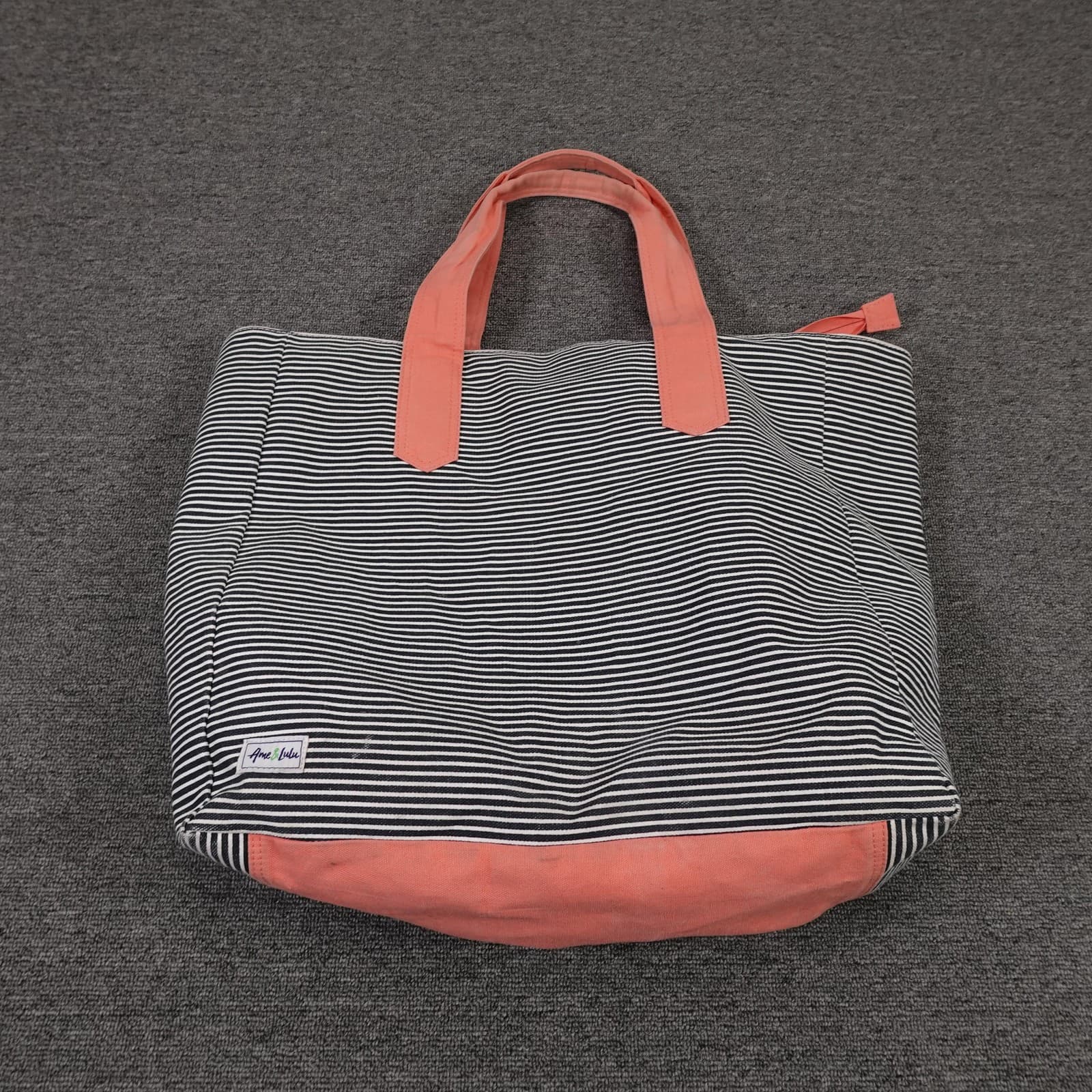 Ame & Lulu Tote Bag Womens Large Blue Striped Canvas Pink Handles Casual