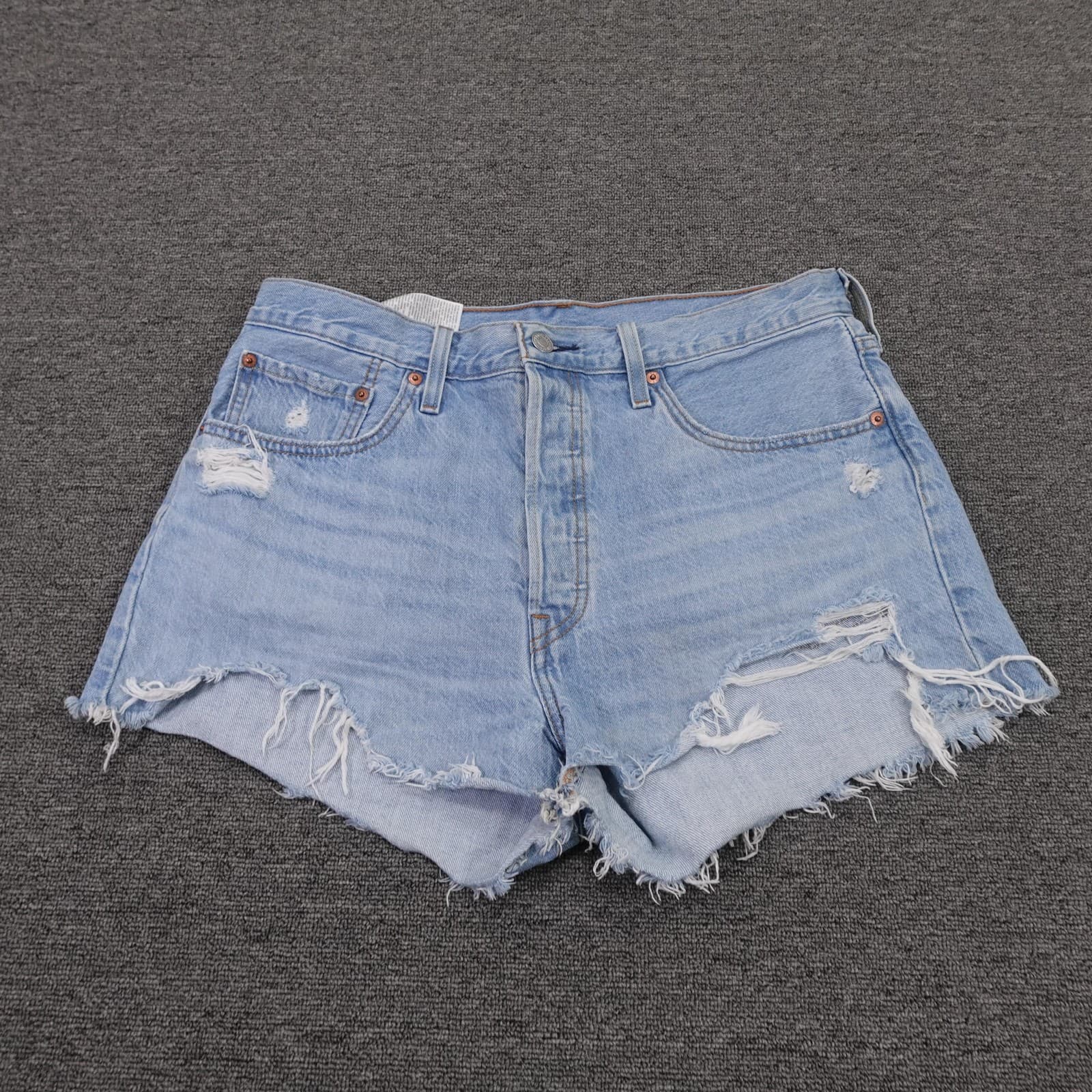 Levi's 501 Shorts Womens W32 Blue Denim High Rise Button Fly Distressed Cutoff