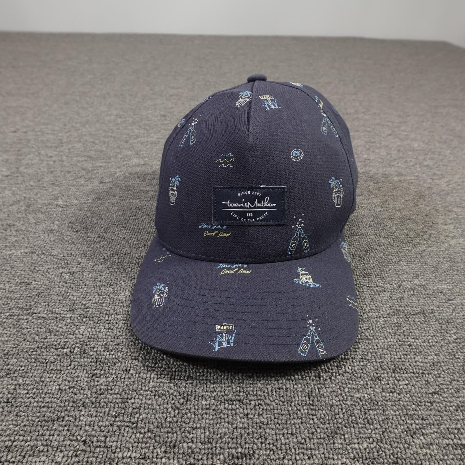 TravisMathew Hat Cap Snap Back Mens Navy Party Print Here For A Good Time