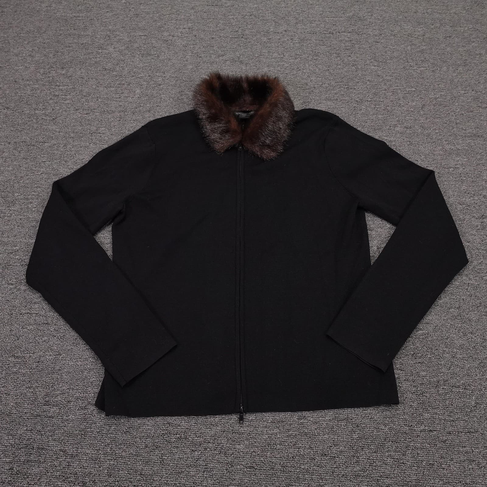 August Silk Sweater Cardigan Womens XL Black Fur Trim Collar Full Zip Knit