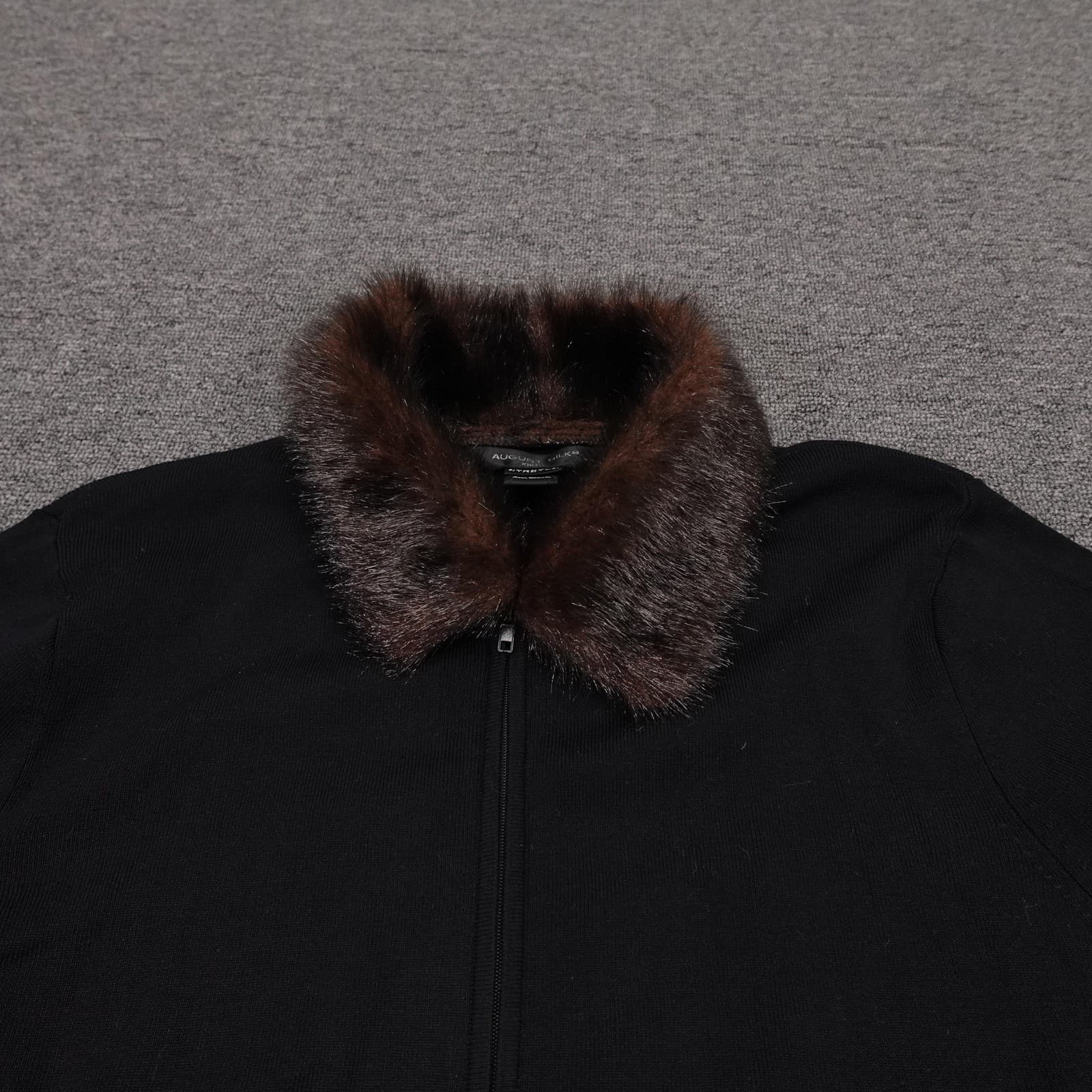 August Silk Sweater Cardigan Womens XL Black Fur Trim Collar Full Zip Knit - Thumbnail 2