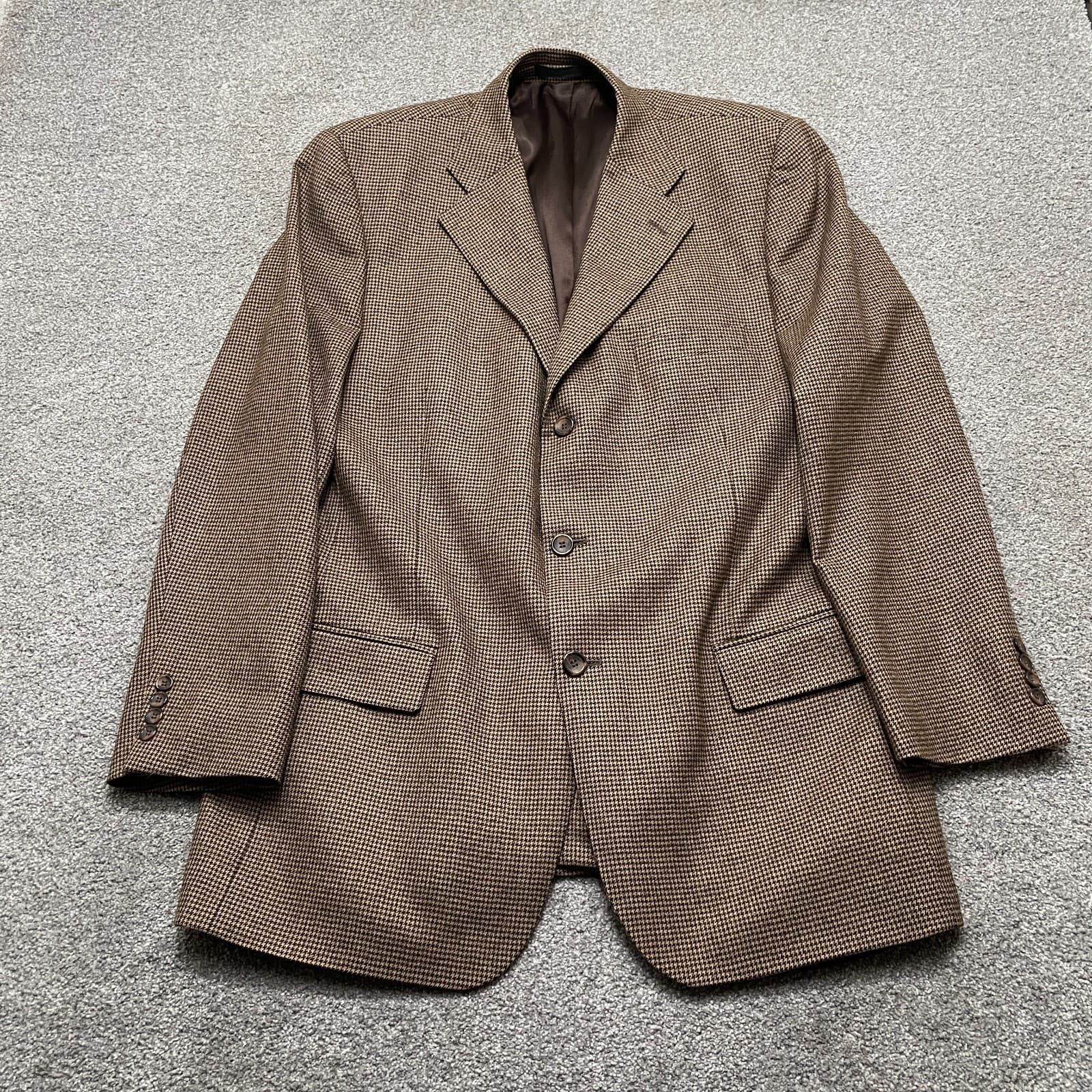Harold Powell Blazer Jacket 44L Brown Houndstooth Loro Piana Wool Super 130s