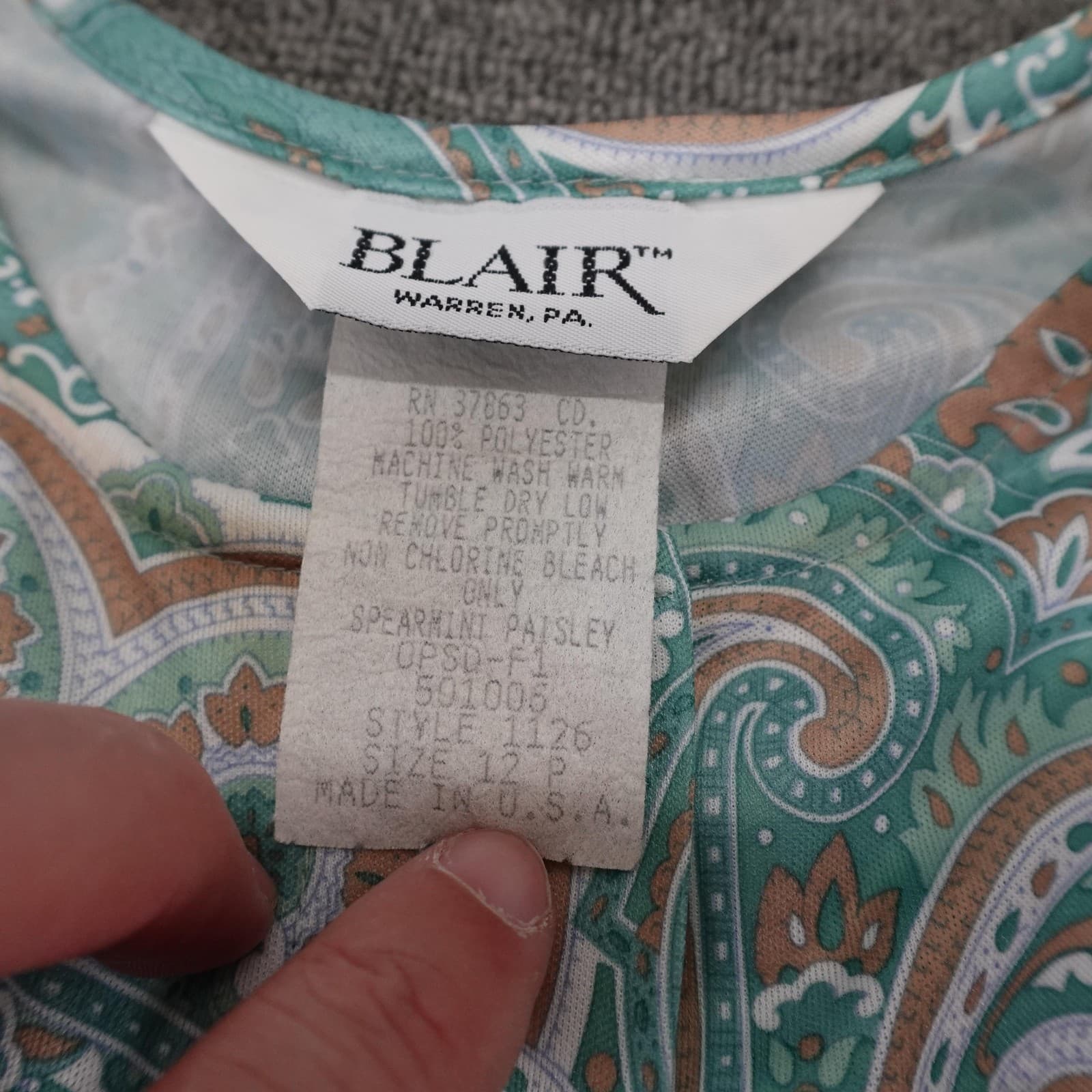 Vintage Blair Dress 12P Green Paisley 3/4 Sleeve Fit & Flare Prairie Cottage 80s - Thumbnail 4