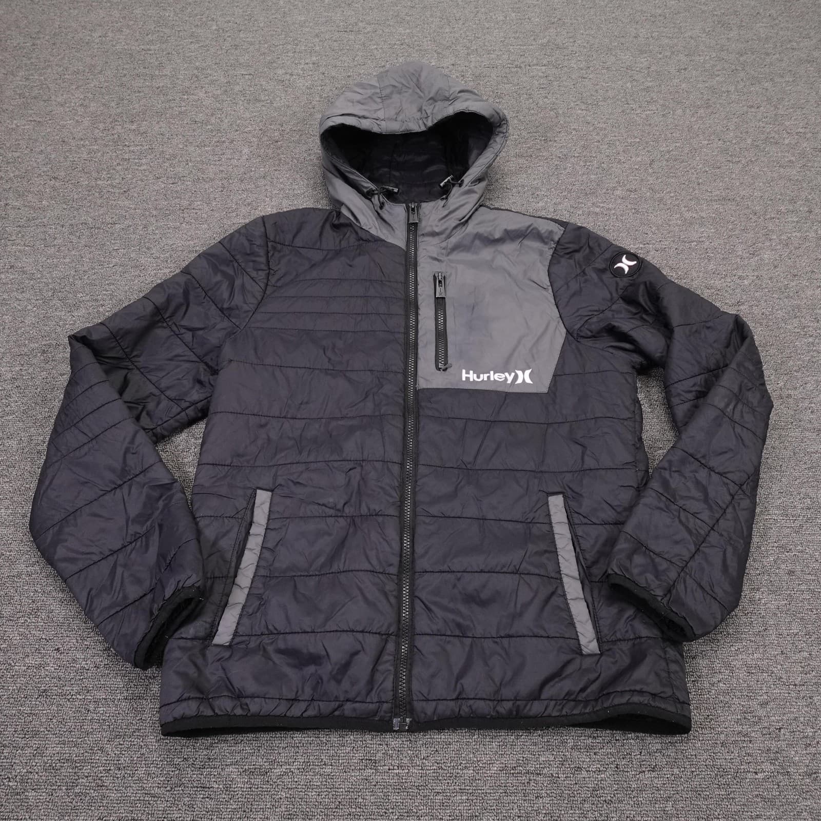 Hurley ThermalWall Jacket Mens Small Gray Hooded Packable Puffer Insulated Zip