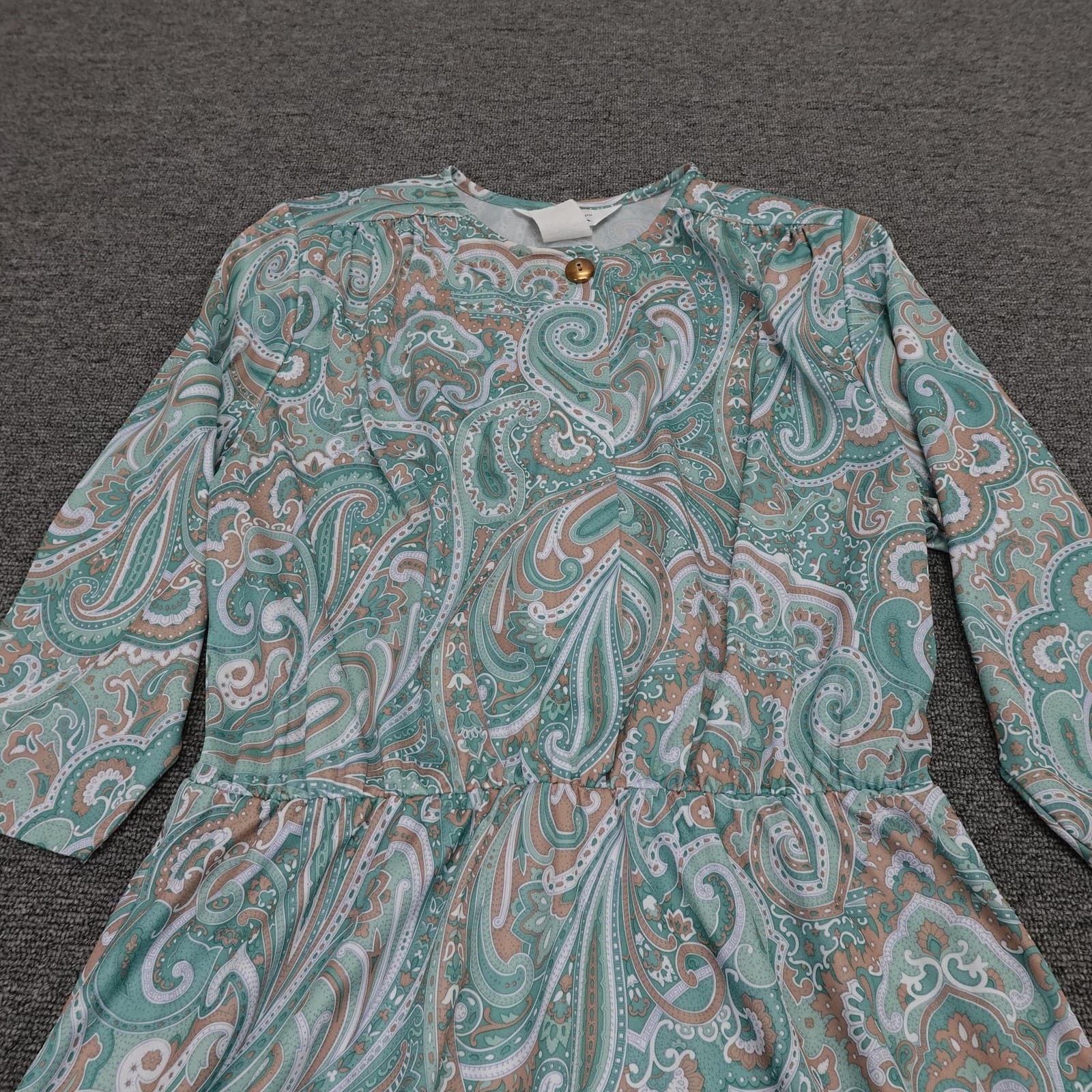 Vintage Blair Dress 12P Green Paisley 3/4 Sleeve Fit & Flare Prairie Cottage 80s - Thumbnail 2