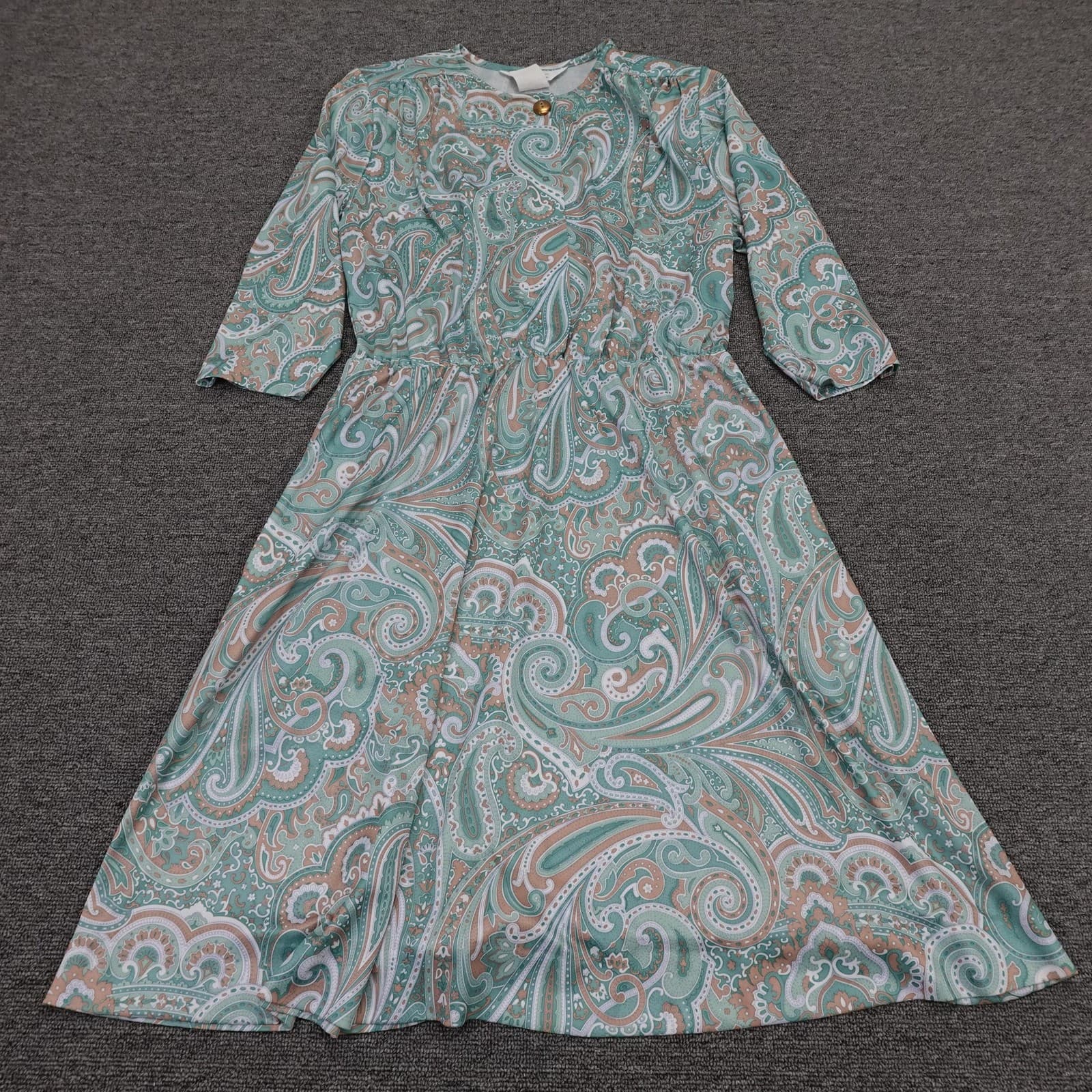 Vintage Blair Dress 12P Green Paisley 3/4 Sleeve Fit & Flare Prairie Cottage 80s