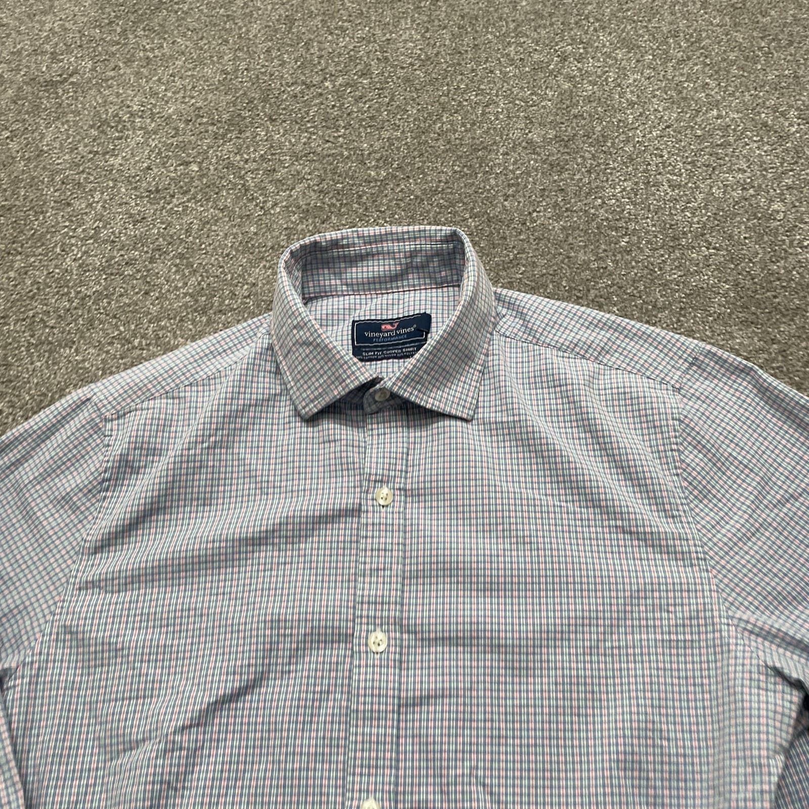 Vineyard Vines Shirt Medium Plaid Blue Pink Plaid Performance Preppy Office - Thumbnail 2