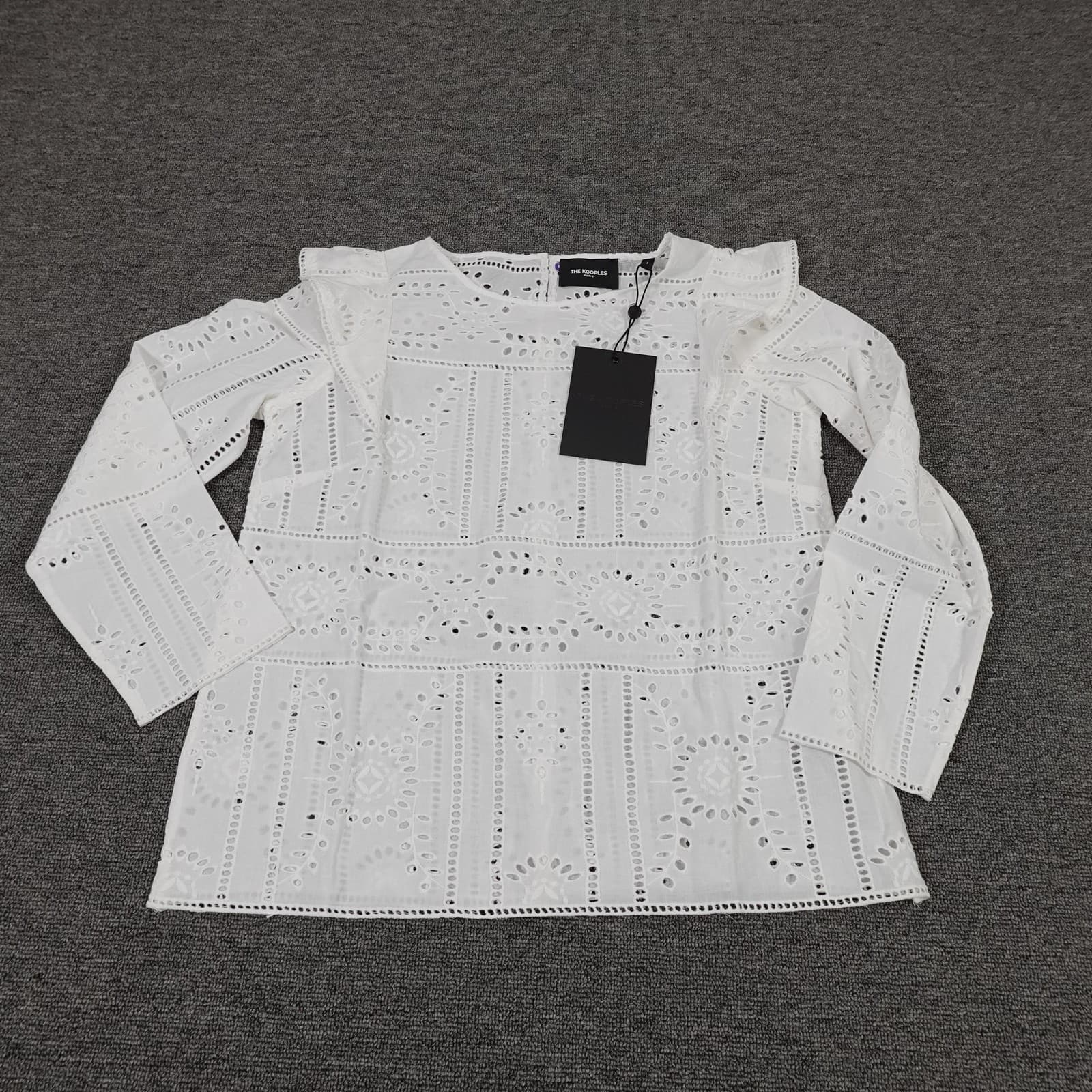 The Kooples Top 2 White Floral Eyelet Lace Ruffle Cold Shoulder Blouse Ladies