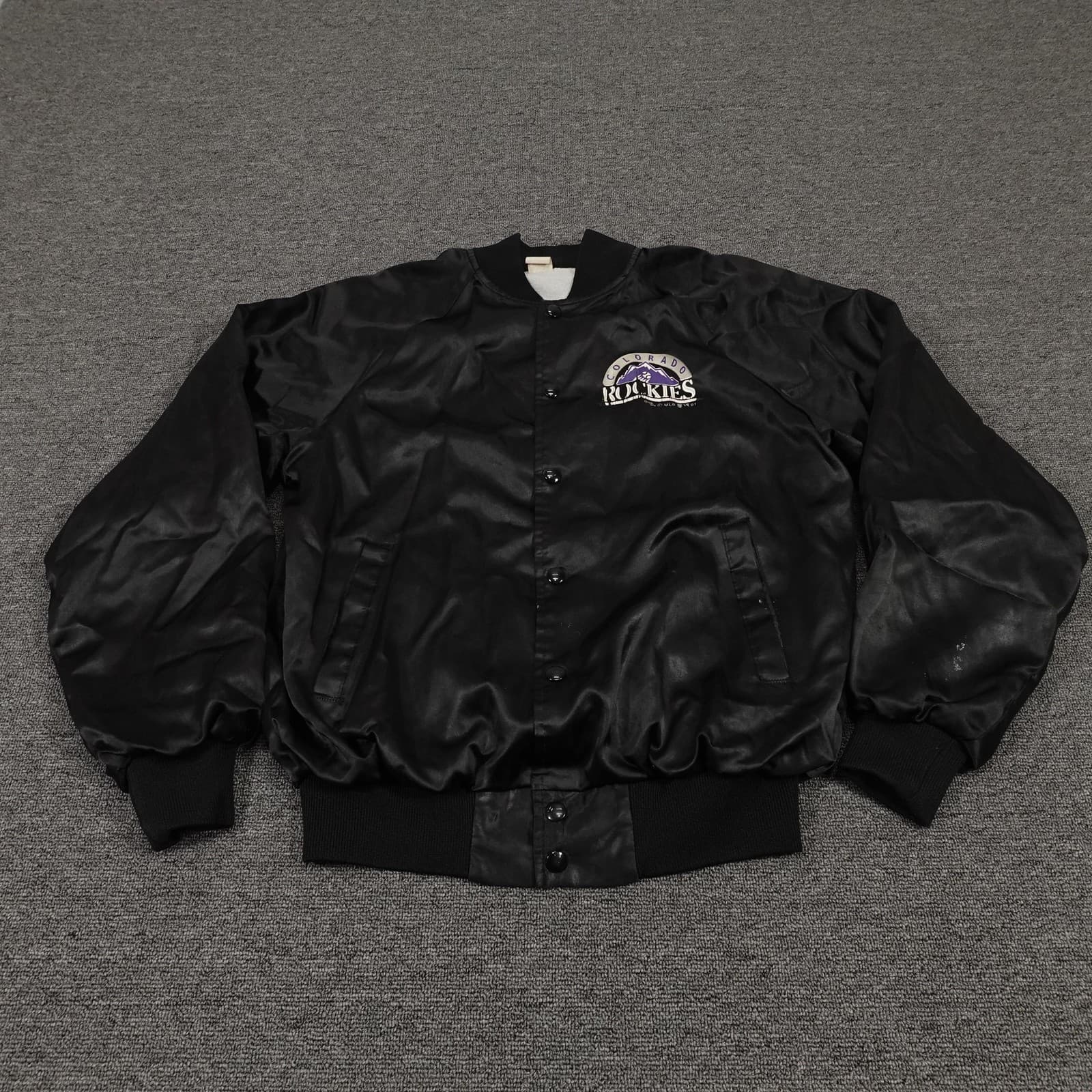 Vintage Colorado Rockies Bomber Jacket Medium Black Satin MLB Baseball 90s
