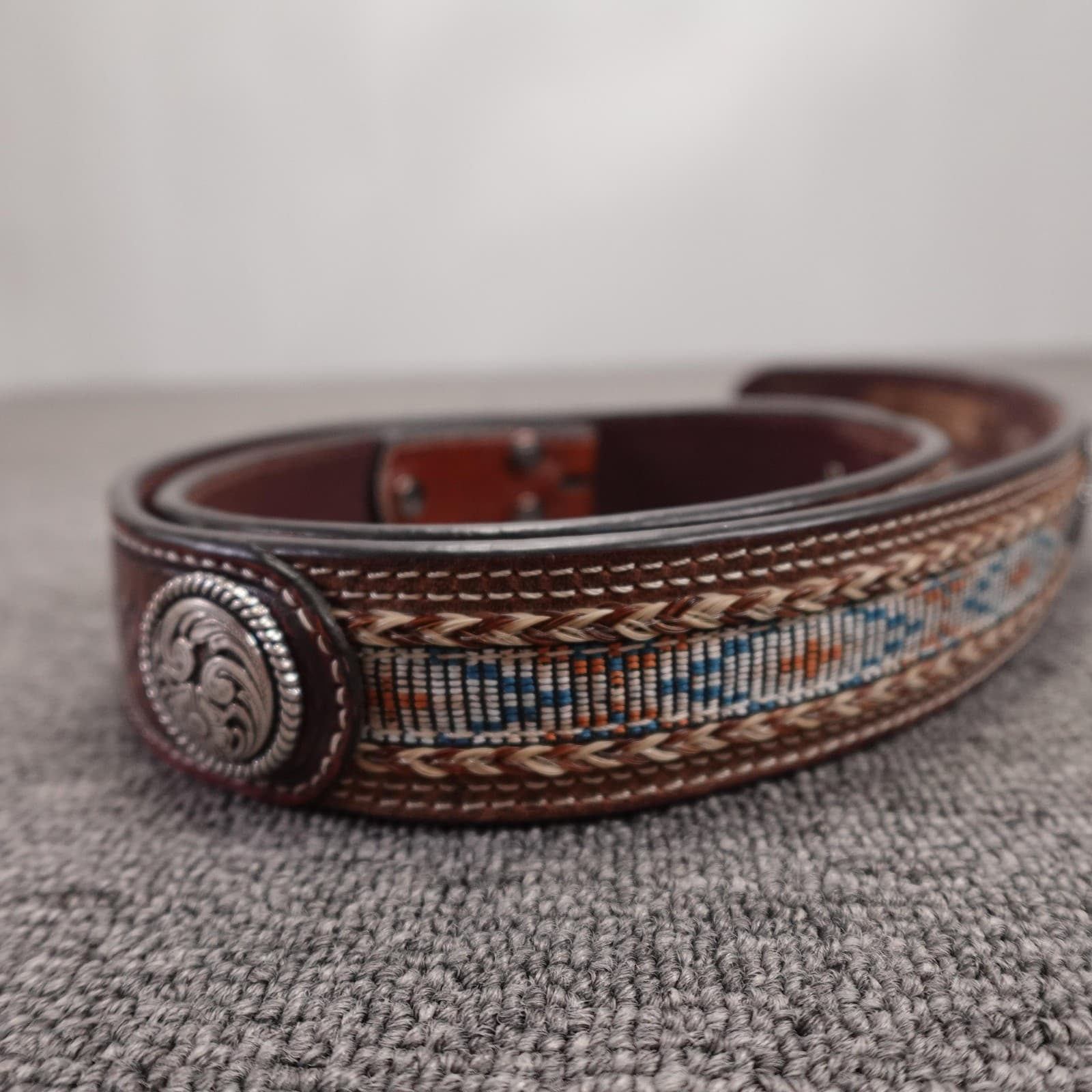 Ariat Belt Mens 42 Brown Leather Beaded Western Concho Geometric Adjustable - Thumbnail 3