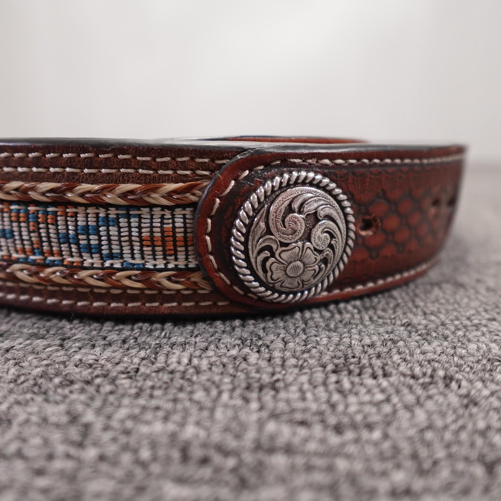 Ariat Belt Mens 42 Brown Leather Beaded Western Concho Geometric Adjustable - Thumbnail 2
