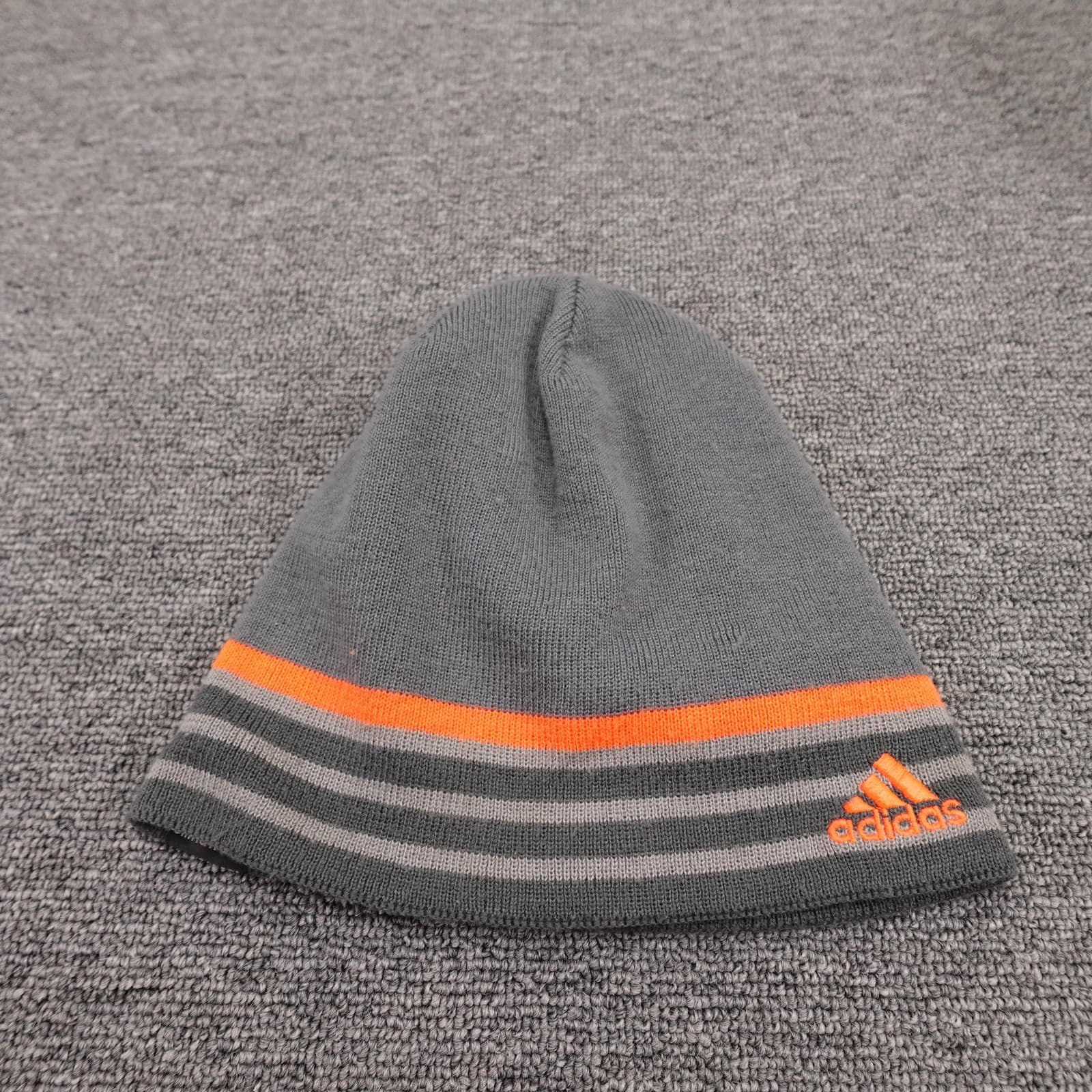 Adidas Hat Beanie Fitted Mens One Size Gray Orange Striped Knit Climawarm Winter