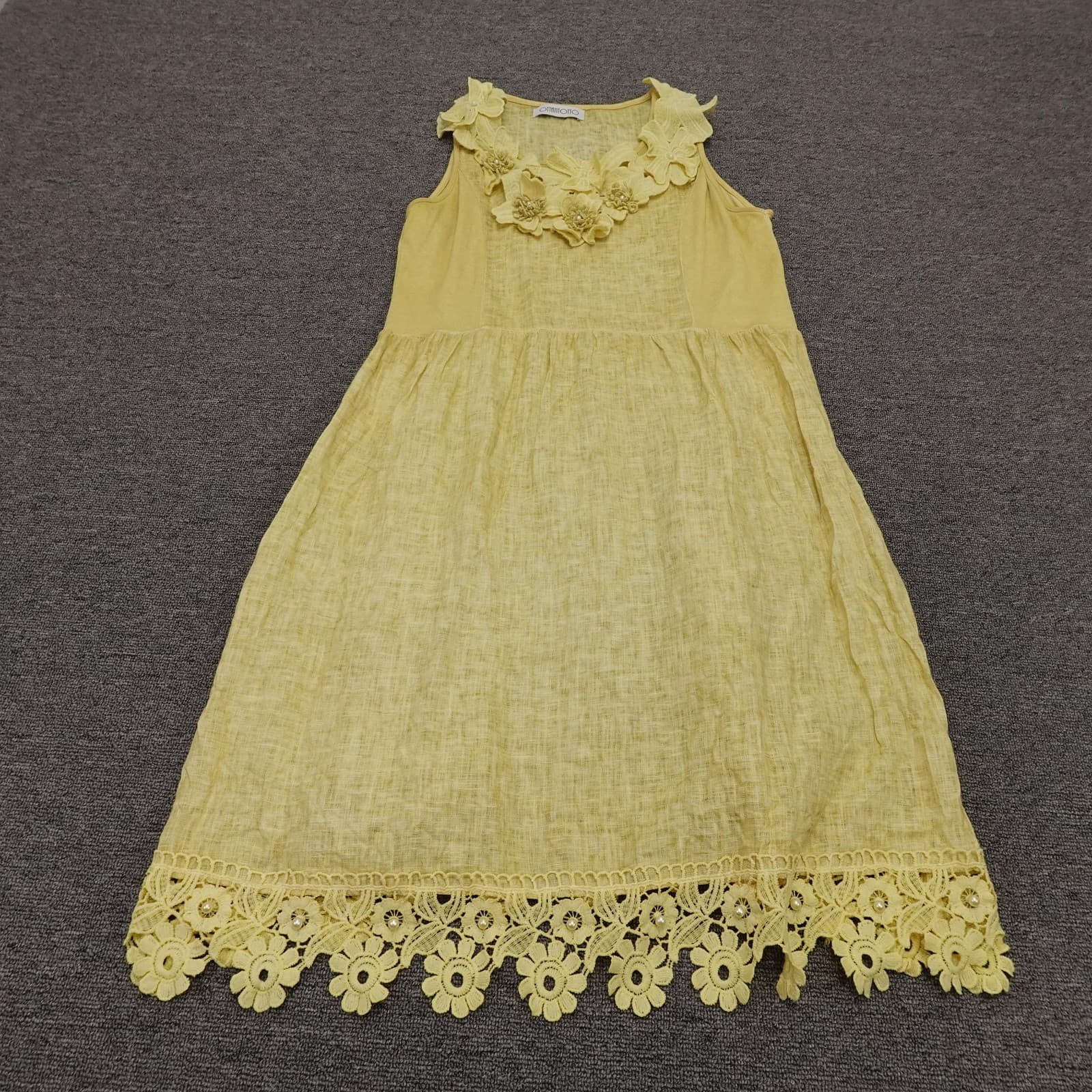 OTTANTOTTO Dress Womens Medium Yellow Floral Applique Lace Hem Sundress