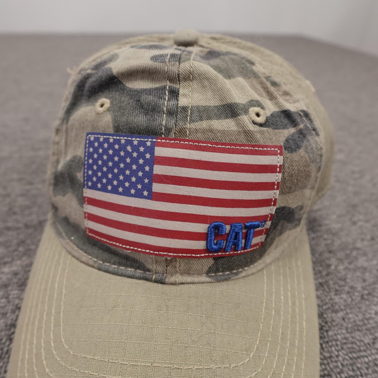 CAT Hat Cap Strap Back Mens One Size Beige Camo USA Flag Patriotic Baseball - Thumbnail 2