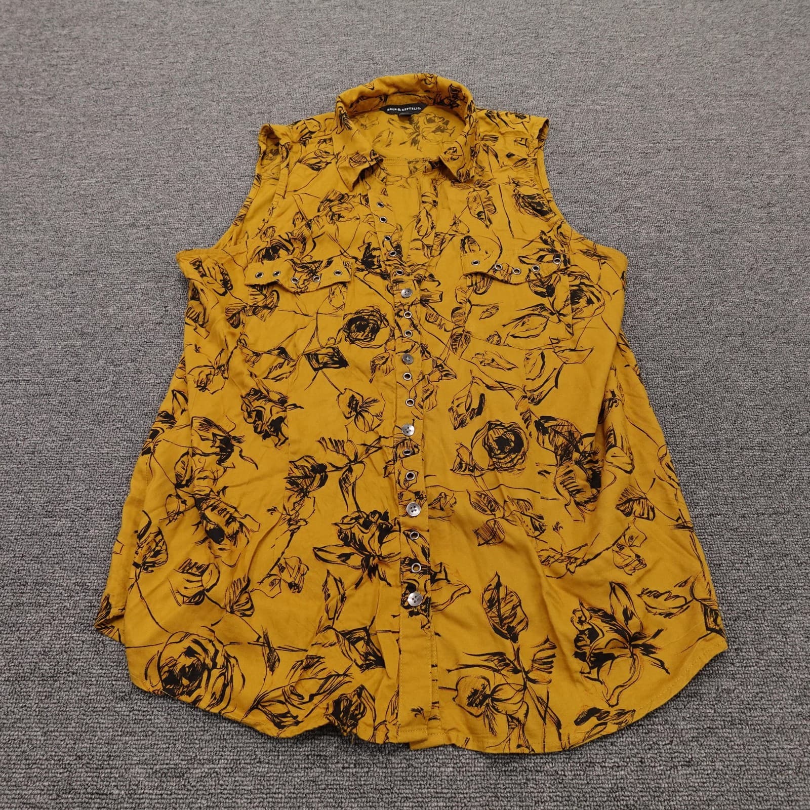 Rock & Republic Shirt Womens L Yellow Floral Sleeveless Button Up Tunic Rayon - Thumbnail 2