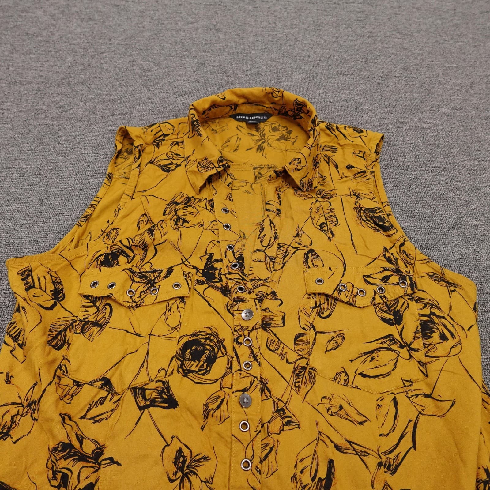Rock & Republic Shirt Womens L Yellow Floral Sleeveless Button Up Tunic Rayon - Thumbnail 3