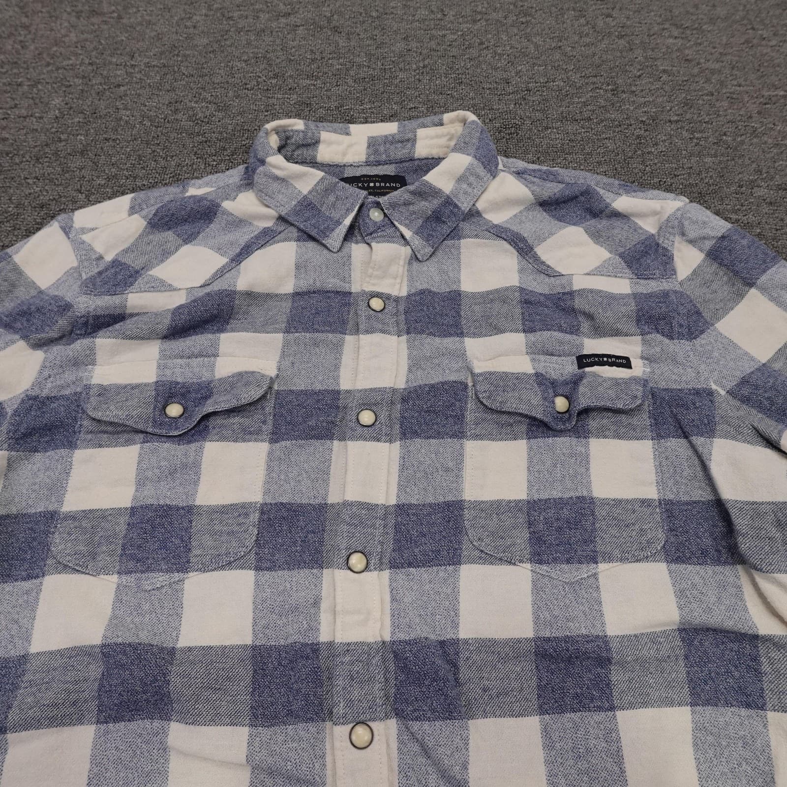 Lucky Brand Saturday Stretch Shirt Mens Medium Blue Plaid Long Sleeve Snap - Thumbnail 2
