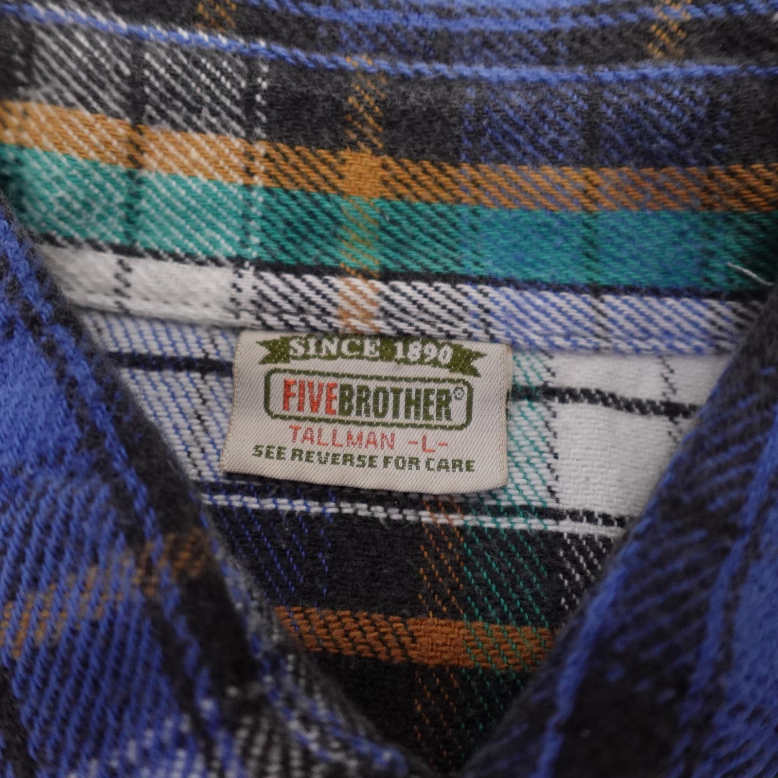 Vintage FIVEBROTHER Shirt Mens LT Blue Plaid Flannel Long Sleeve Button Up - Thumbnail 3