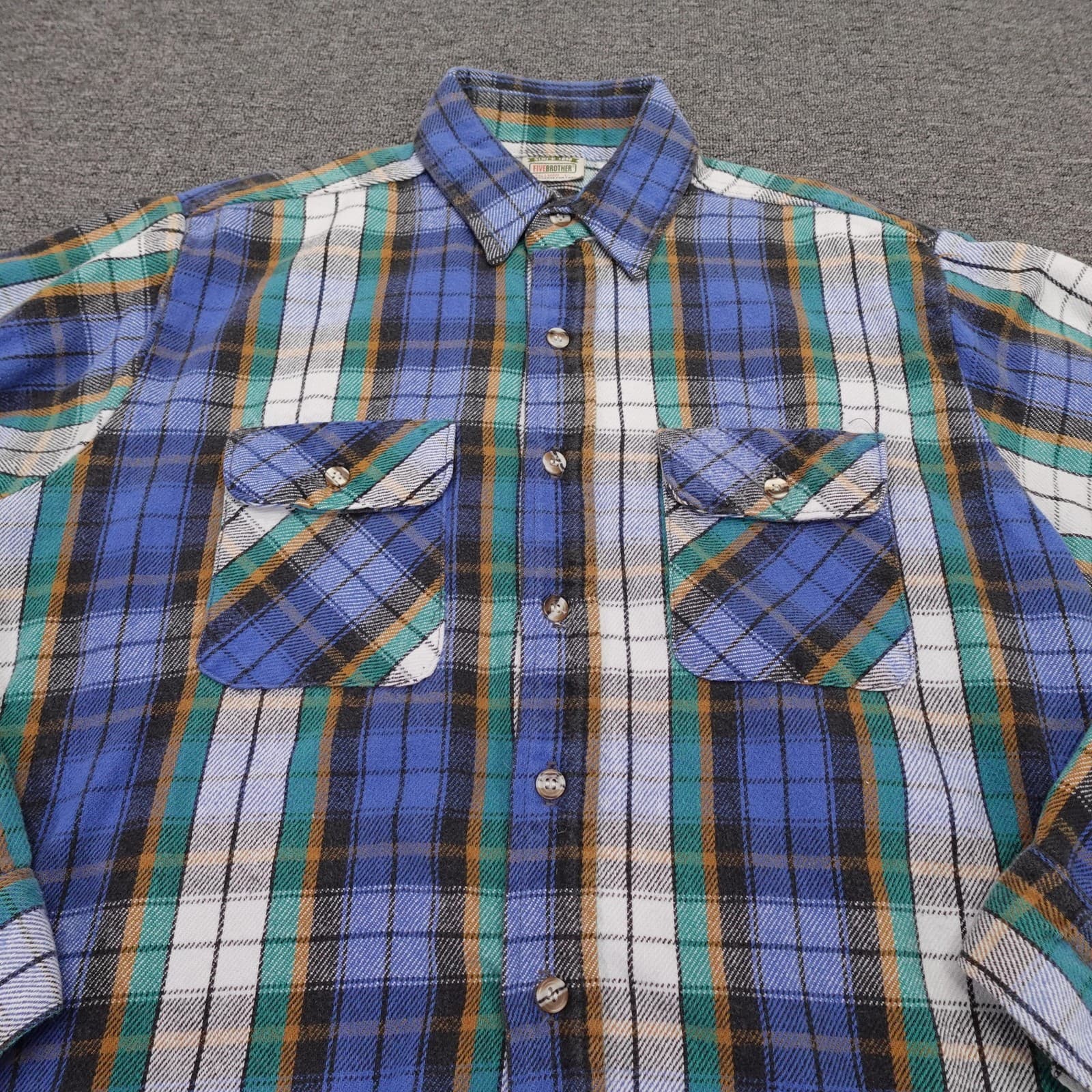 Vintage FIVEBROTHER Shirt Mens LT Blue Plaid Flannel Long Sleeve Button Up - Thumbnail 2