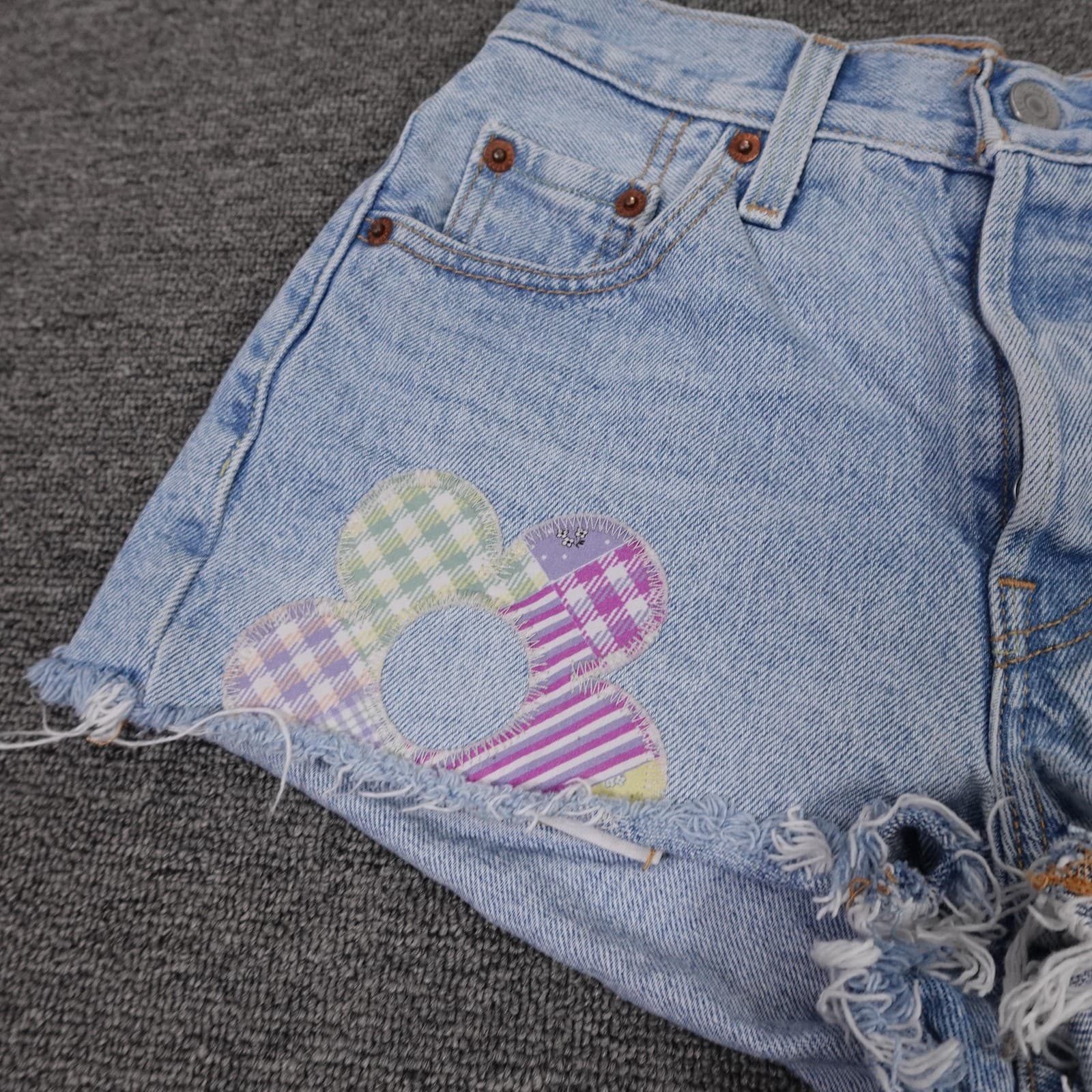 Levi's 501 150th Shorts Womens W23 Blue Denim Button Fly Floral Cutoff - Thumbnail 3
