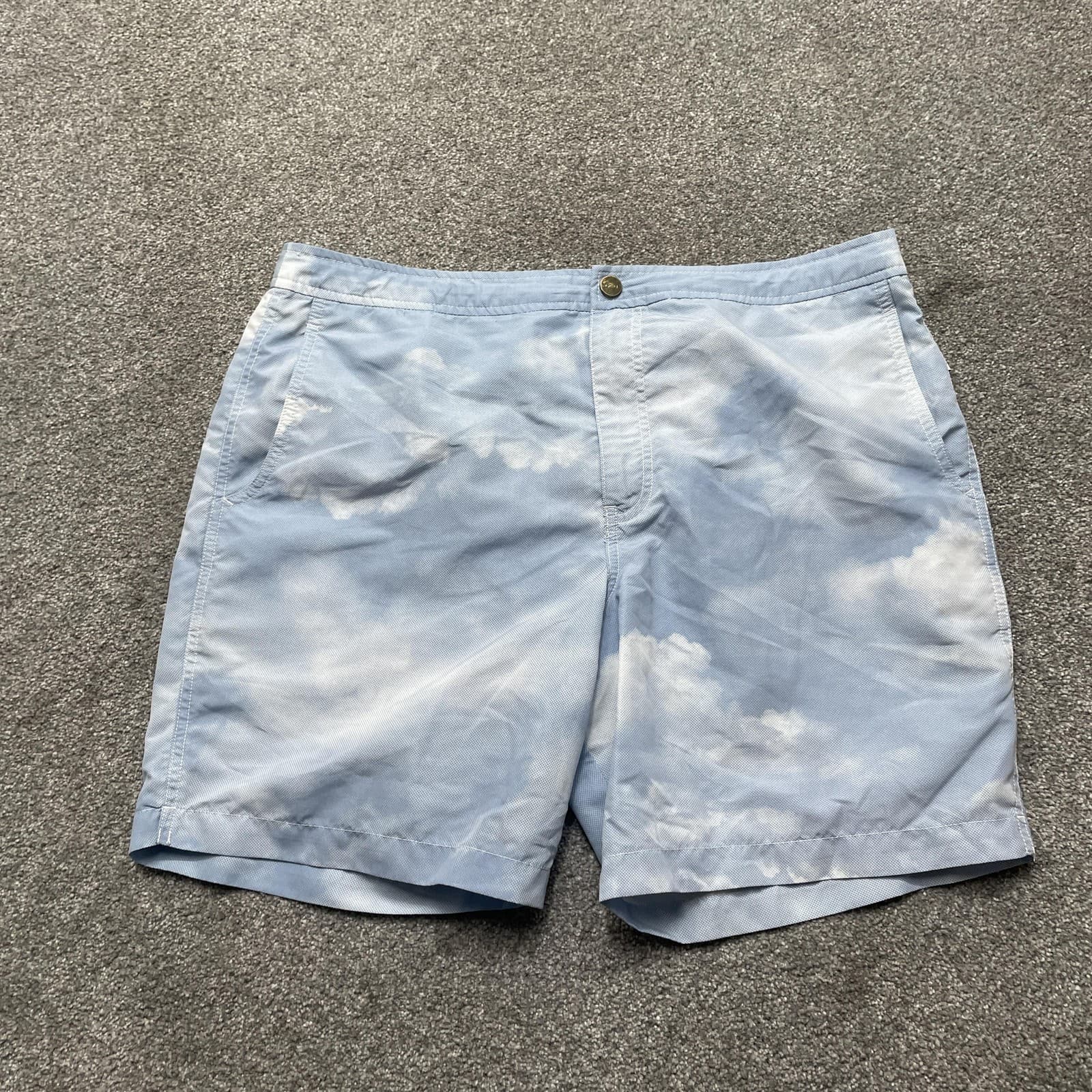 Onia Swim Trunks Mens 36 Blue Cloud Print Italian Fabric Beach Lined Shorts