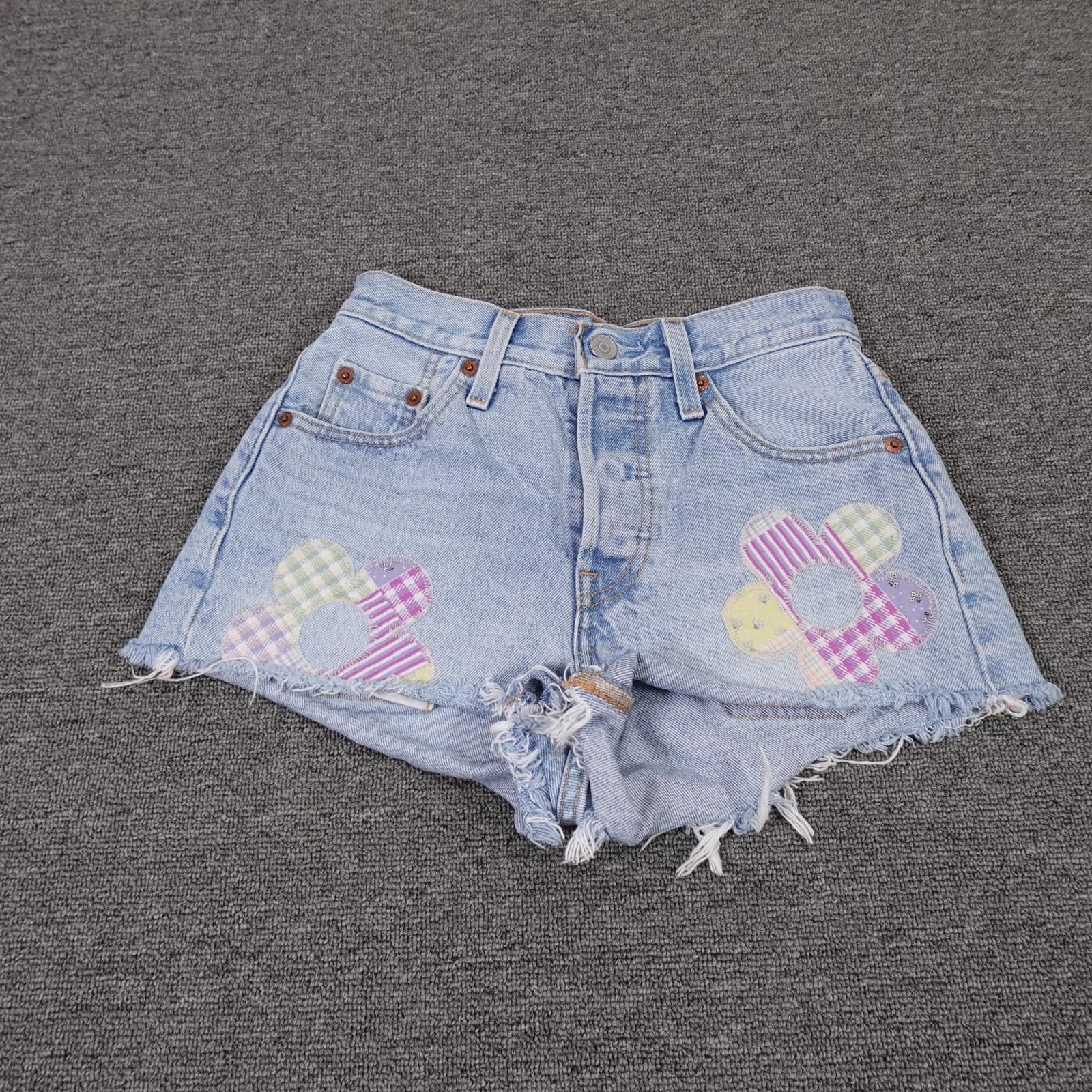 Levi's 501 150th Shorts Womens W23 Blue Denim Button Fly Floral Cutoff