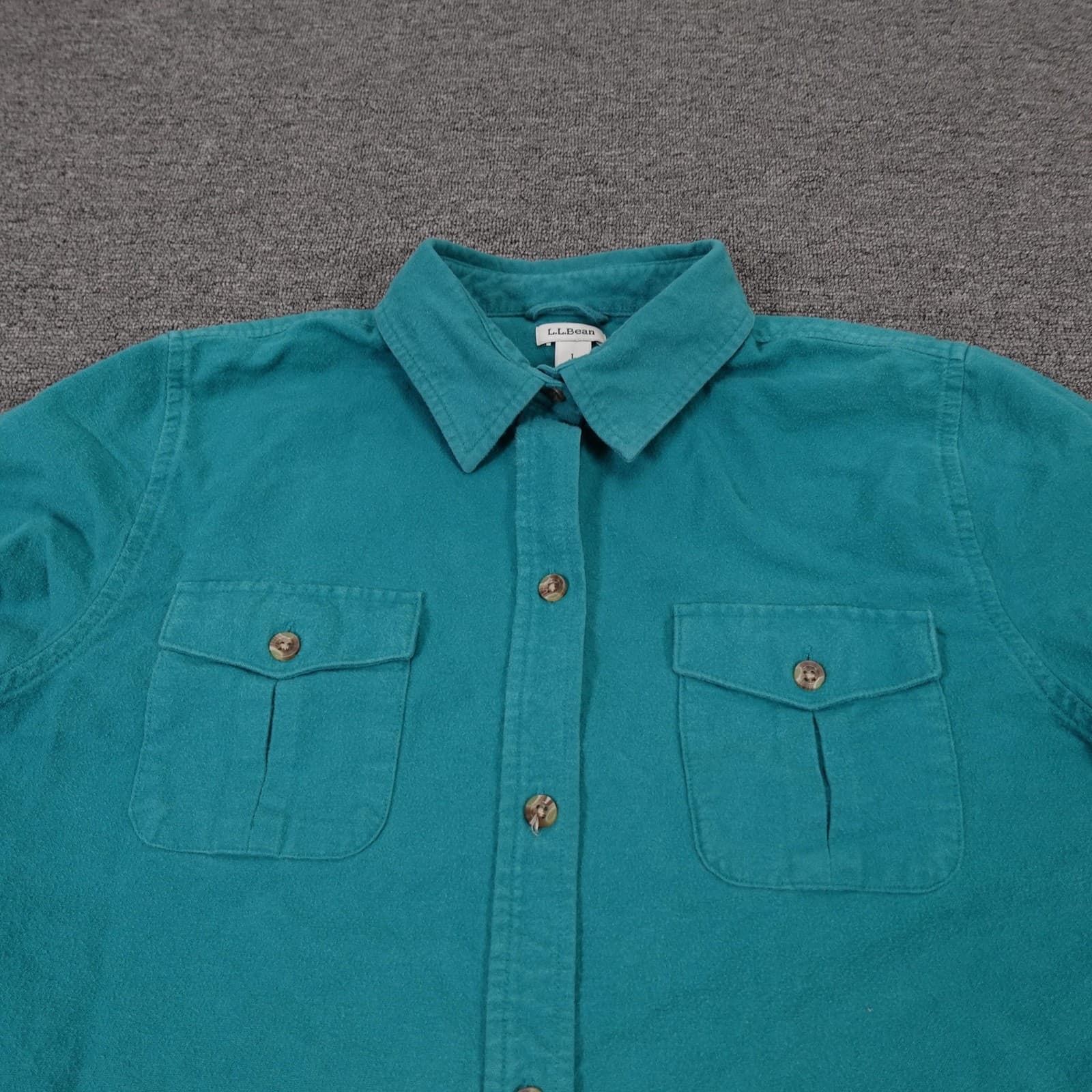 L.L.Bean Shirt Womens Large Green Flannel Button Up Long Sleeve Pockets Casual - Thumbnail 2