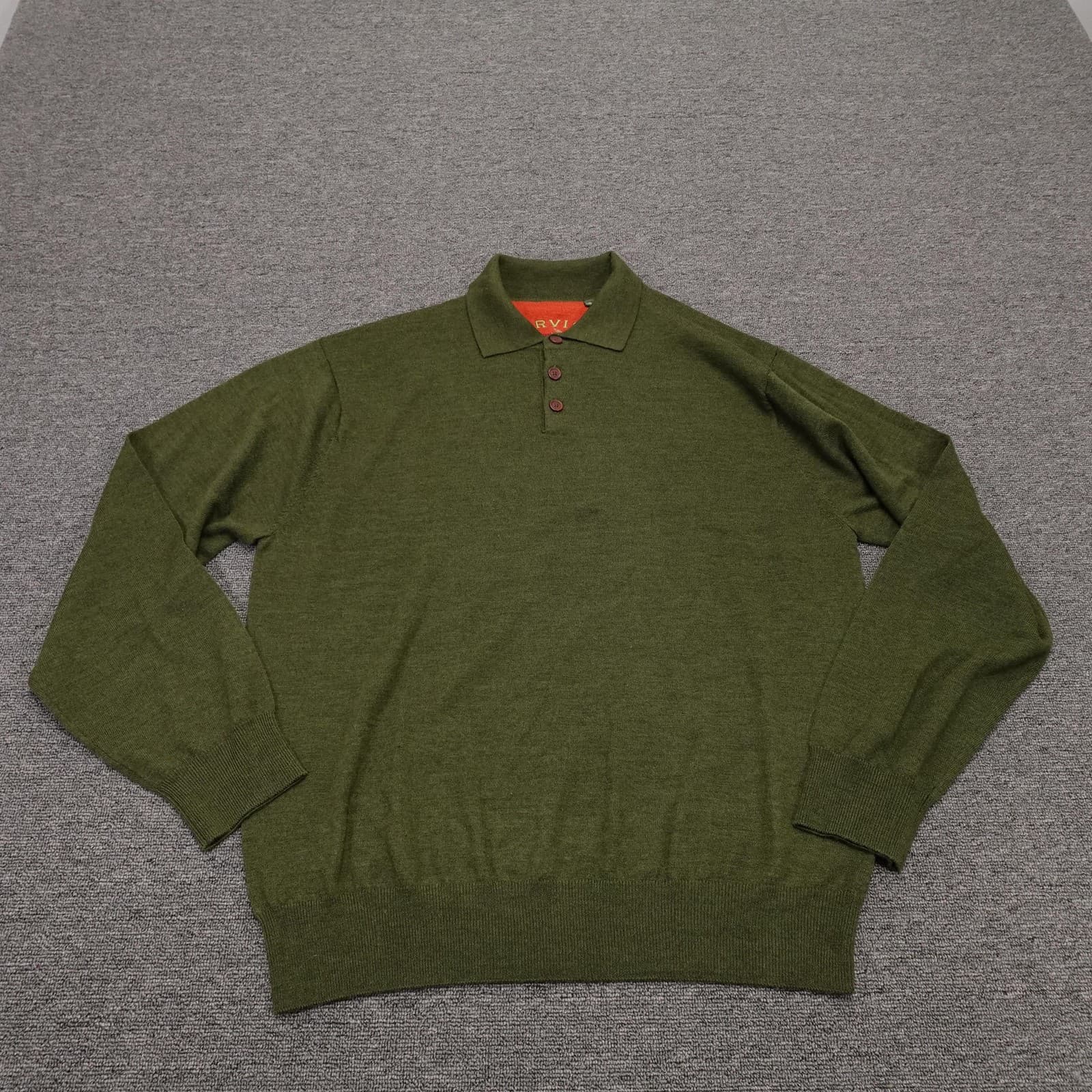 Orvis Sweater Mens XL Green Wool Knit Polo Collar Long Sleeve Pullover Casual