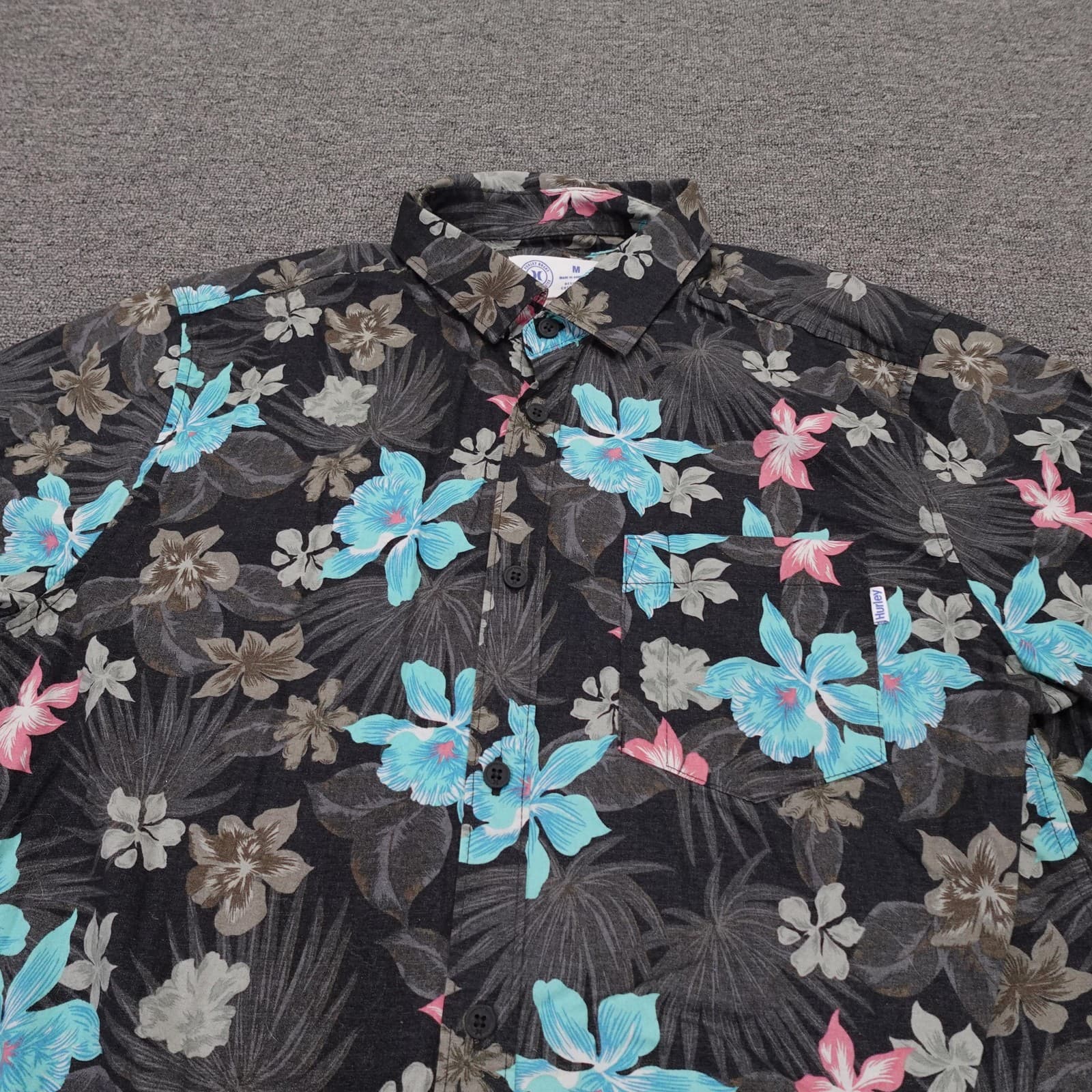 Hurley Shirt Mens Medium Floral Hawaiian Short Sleeve Button Up Stretch - Thumbnail 2