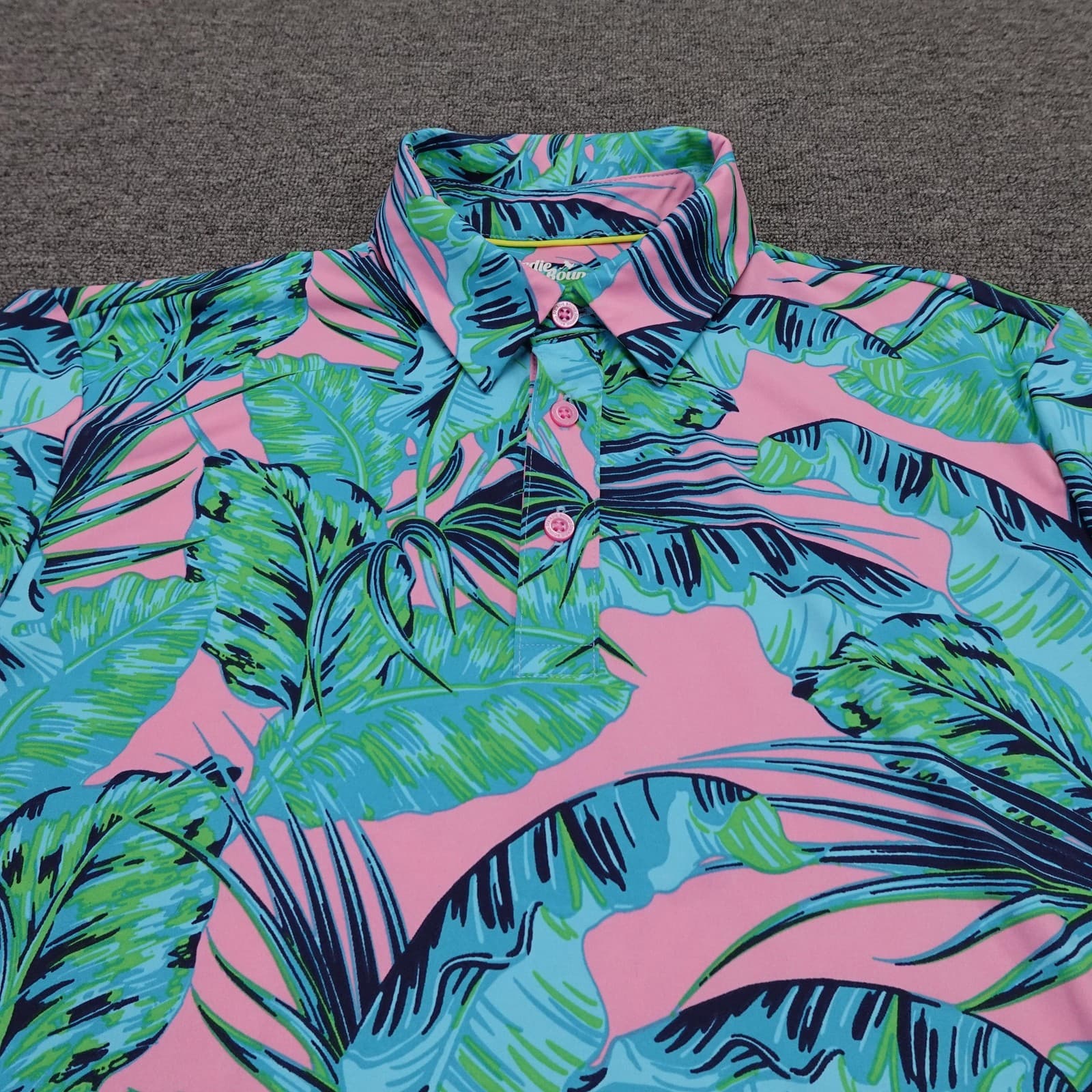 Birdie Bound Polo Shirt Mens Small Pink Tropical Palm Golf Performance Stretch - Thumbnail 2