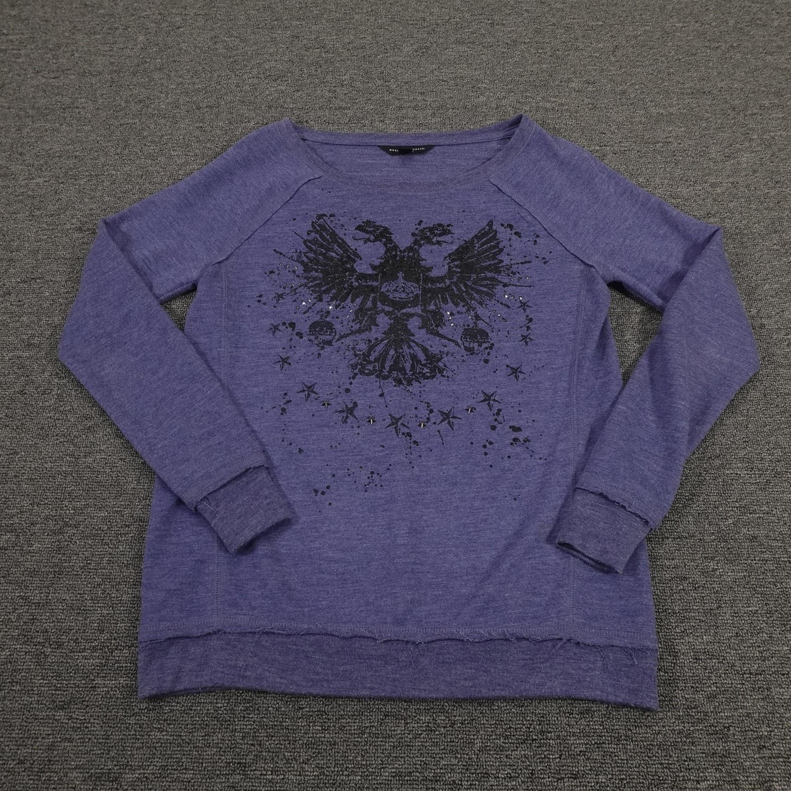 Rock & Republic Sweater Womens XS Purple Skull Eagle Graphic Rhinestone Pullover