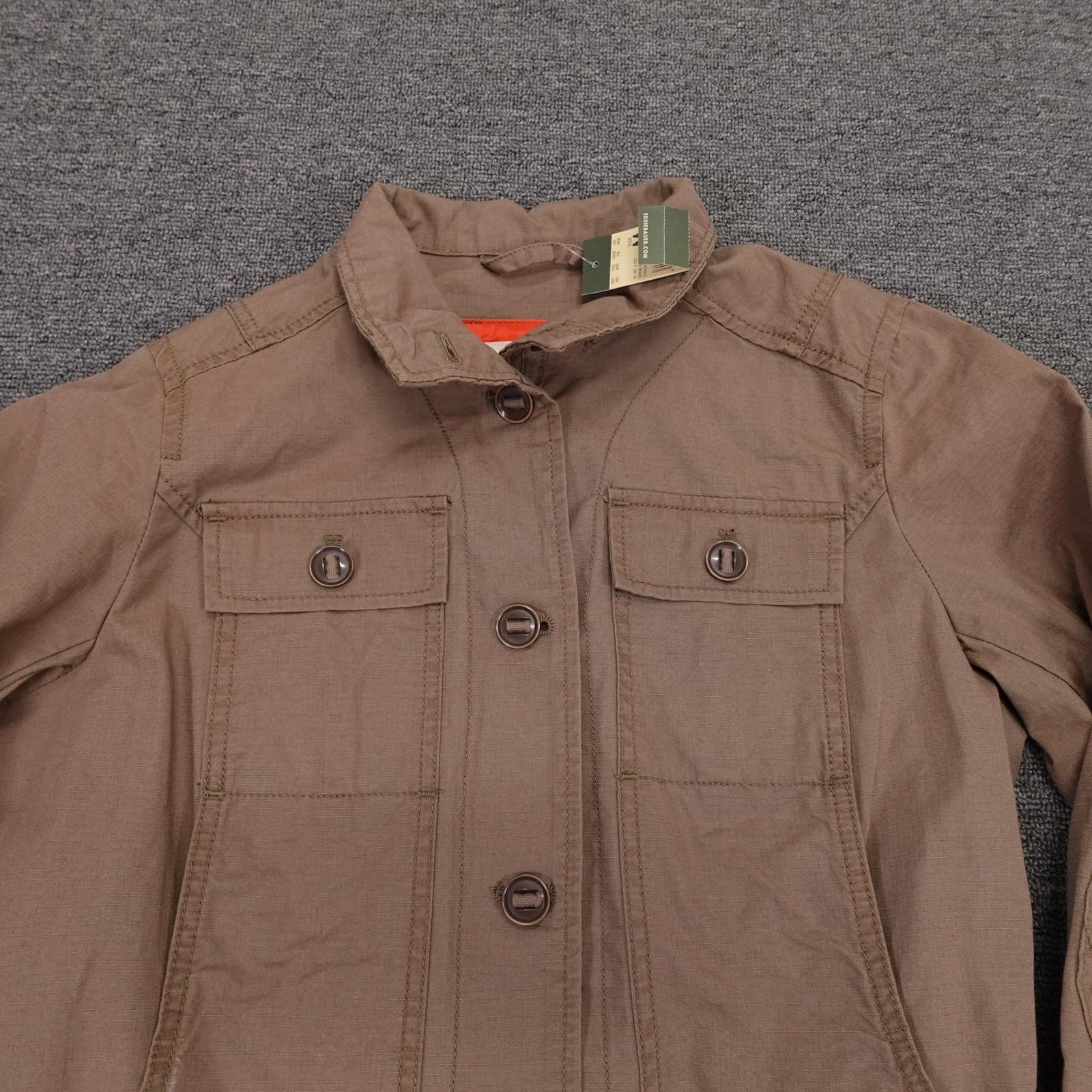 Eddie Bauer Jacket Womens Medium Green Cotton Twill Field Military Button Front - Thumbnail 2