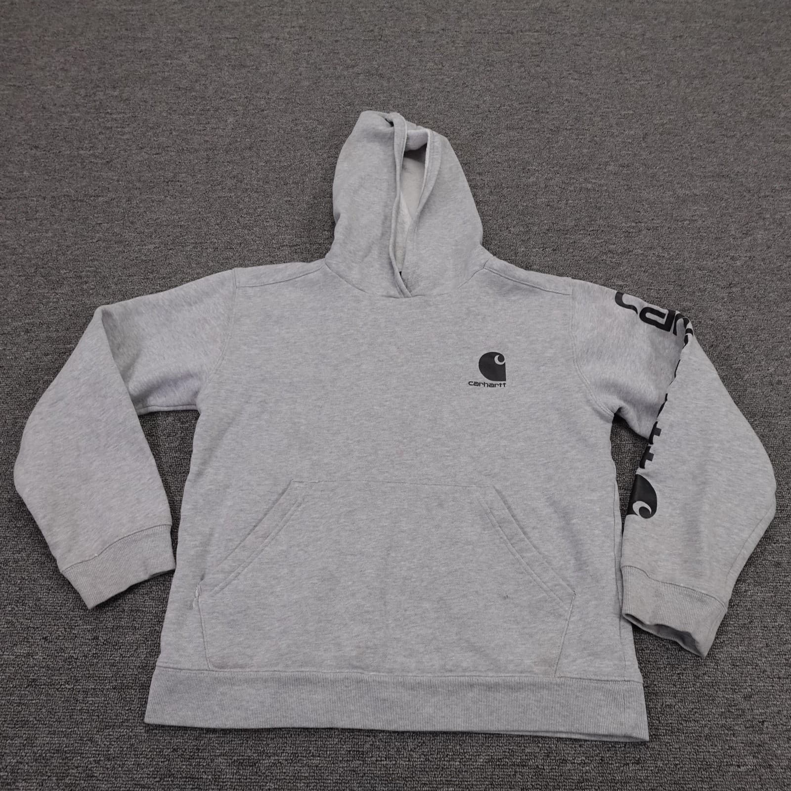 Carhartt Hoodie Boys 14-16 Gray Logo Graphic Sleeve Fleece Pullover Sweatshirt
