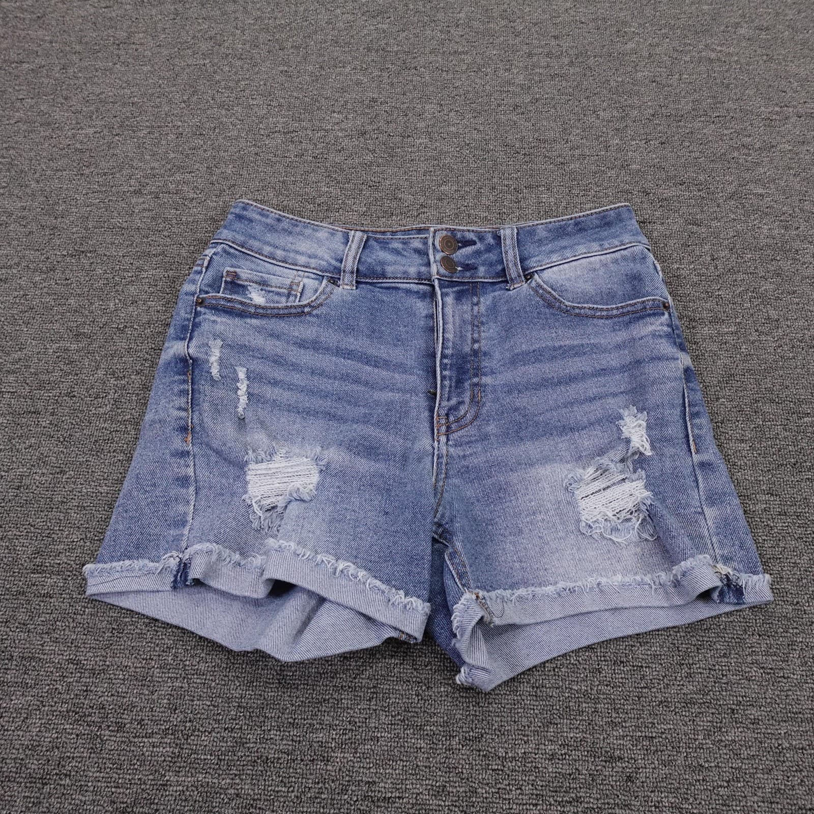 Vanilla Star Shorts Juniors 7 Blue Denim Midrise Midi Distressed Cutoff Raw Hem